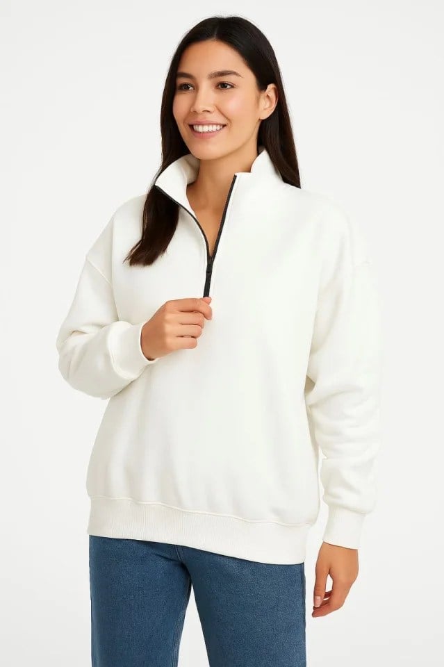 Üç İplik Dık Yaka Yarım Fermuarlı SweatShirt - Beyaz