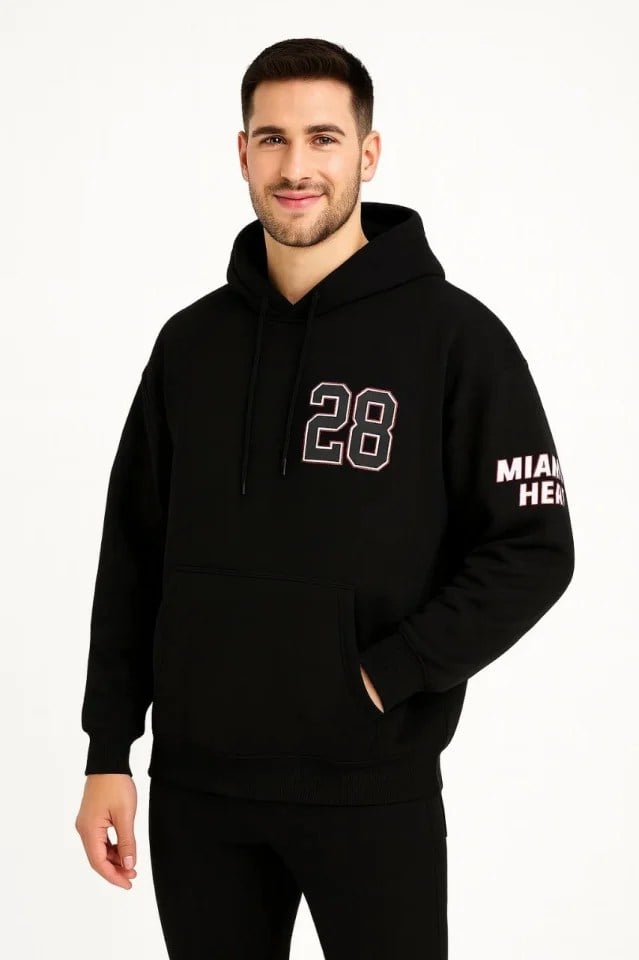 Üç İplik Kapüşonlu Ön Ve Arka Baskılı SweatShirt Hoodie - Siyah