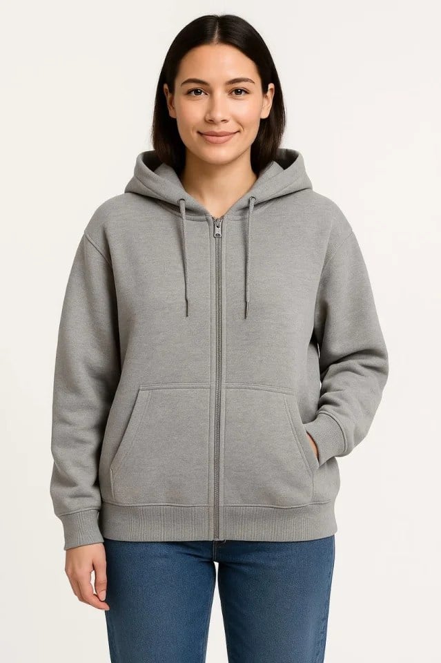 Üç İplik Kapüşonlu Tam Fermuarlı Kanguru Çepli SweatShirt Hoodie - Gri