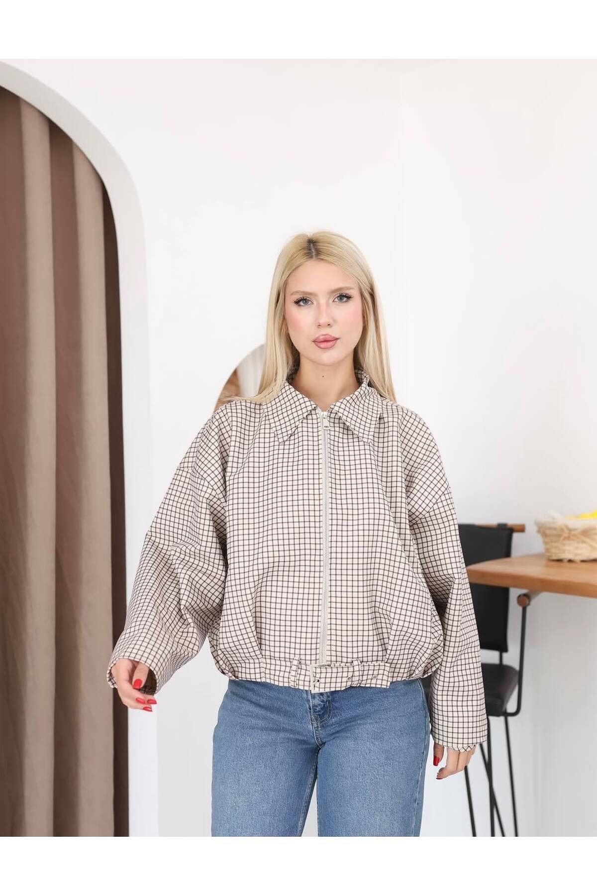 Ekose Pile Detay Bomber Mevsimlik Ceket-OVERSIZE
