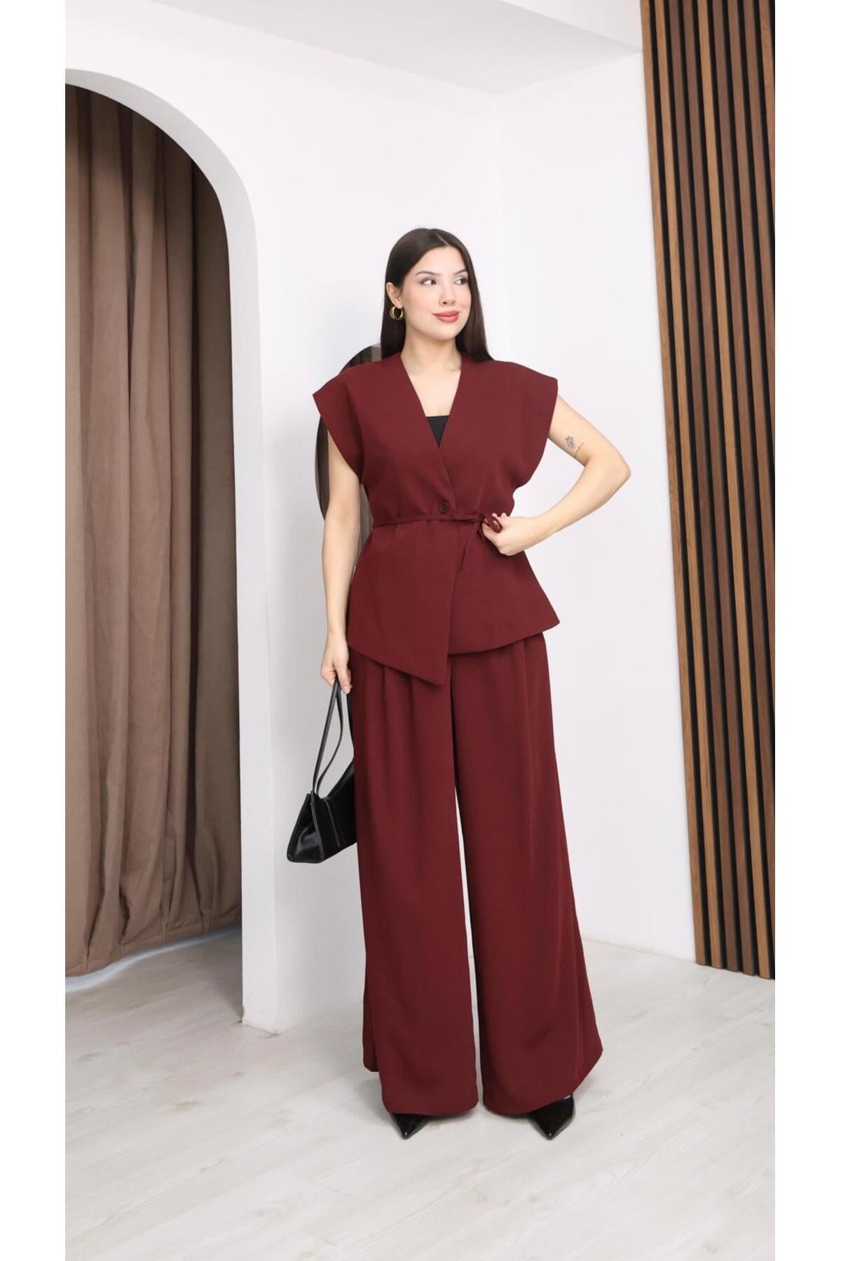 Kadın Kumaş Takım - Bordo Yelek & Pantolon(Palazzo, Bol Paça) İkili Takım