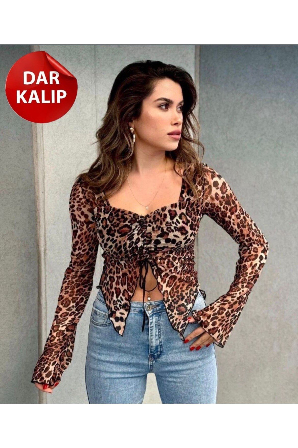 Leopar Fantazi Tüllü Dar Kalıp Büzgülü Bluz