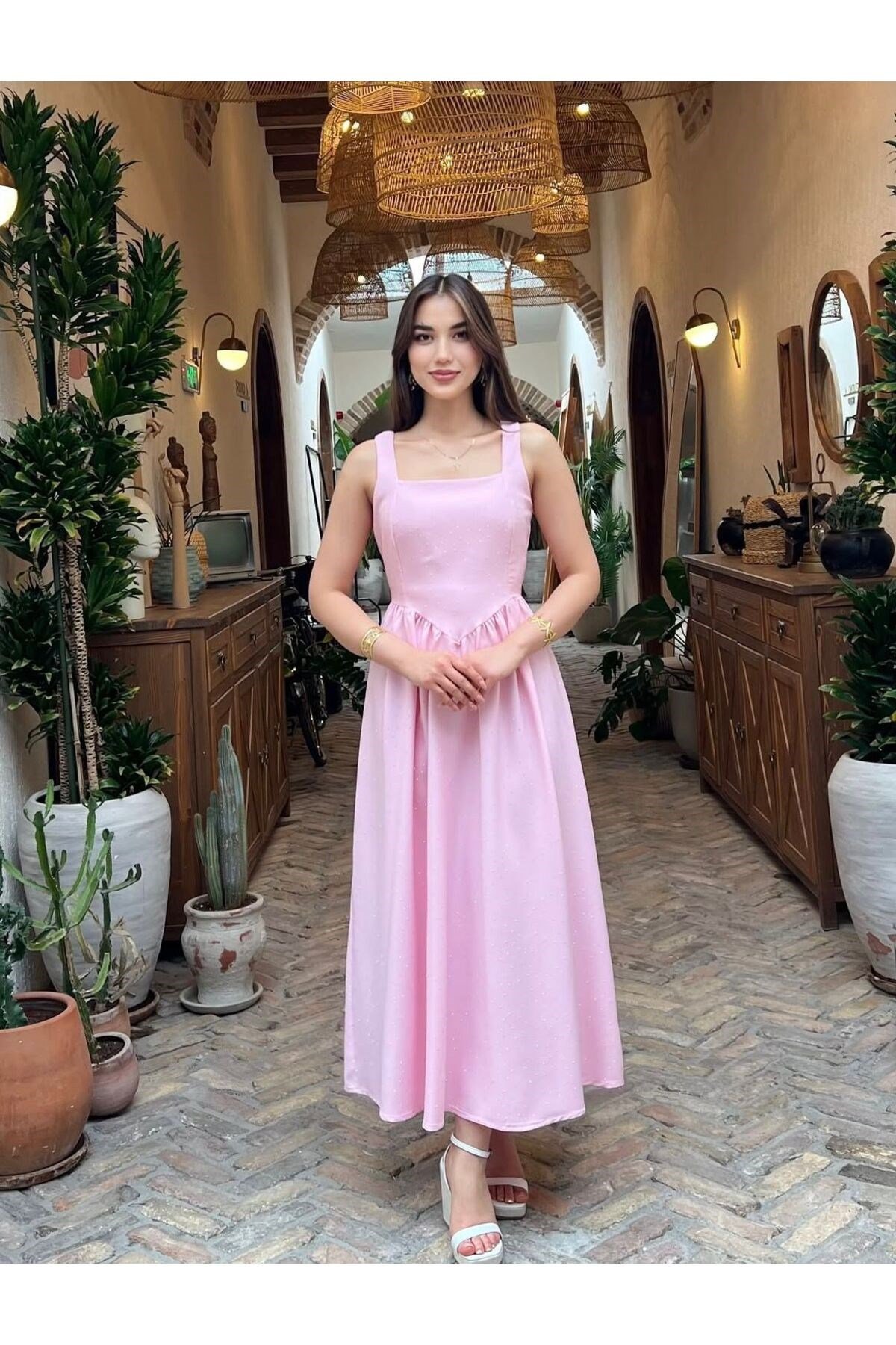 Pembe Taş Baskılı A Kesim Bağcıklı Elbise-DAR KALIP