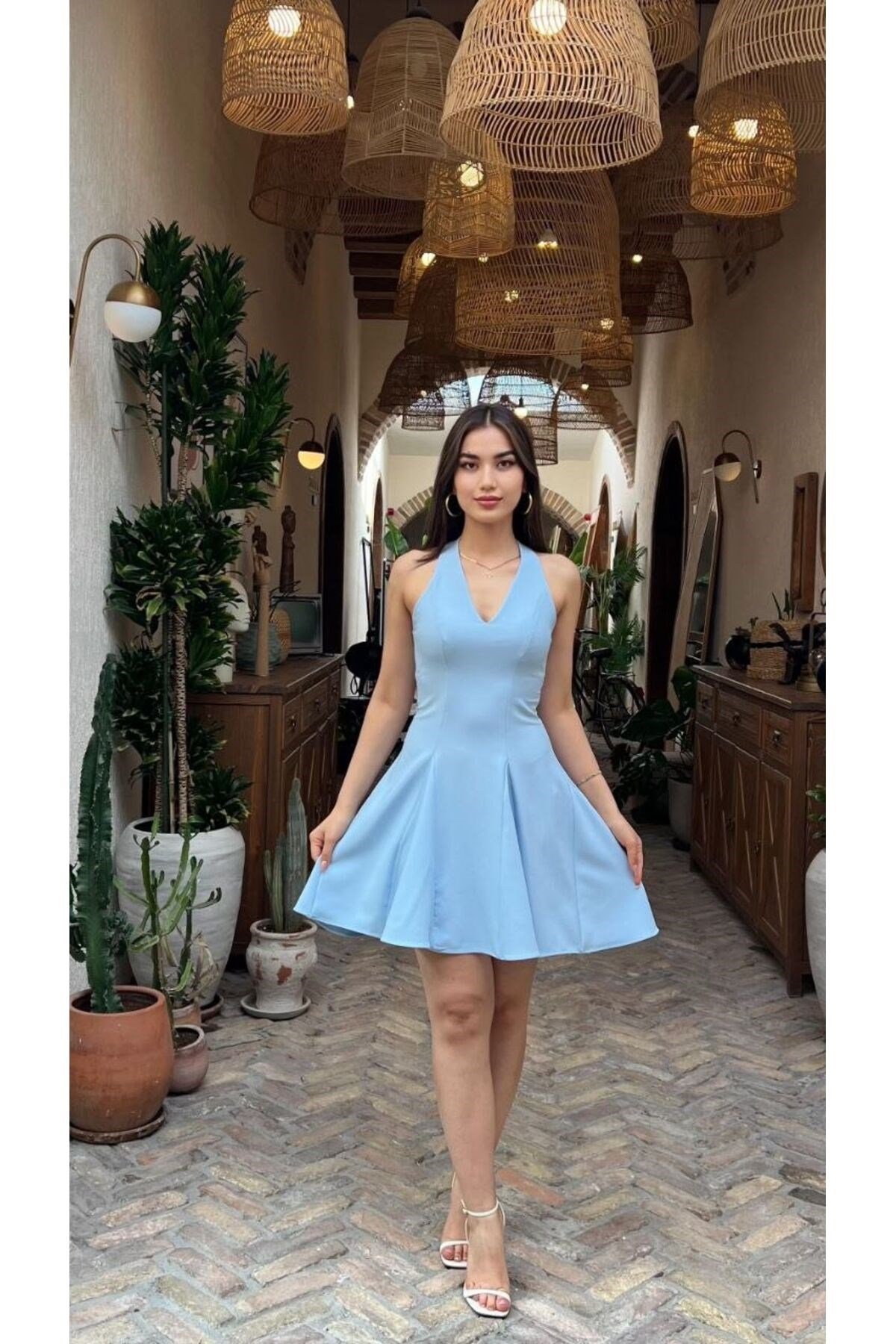 V Yaka Mavi Slim Fit Mini Elbise-DAR KALIP