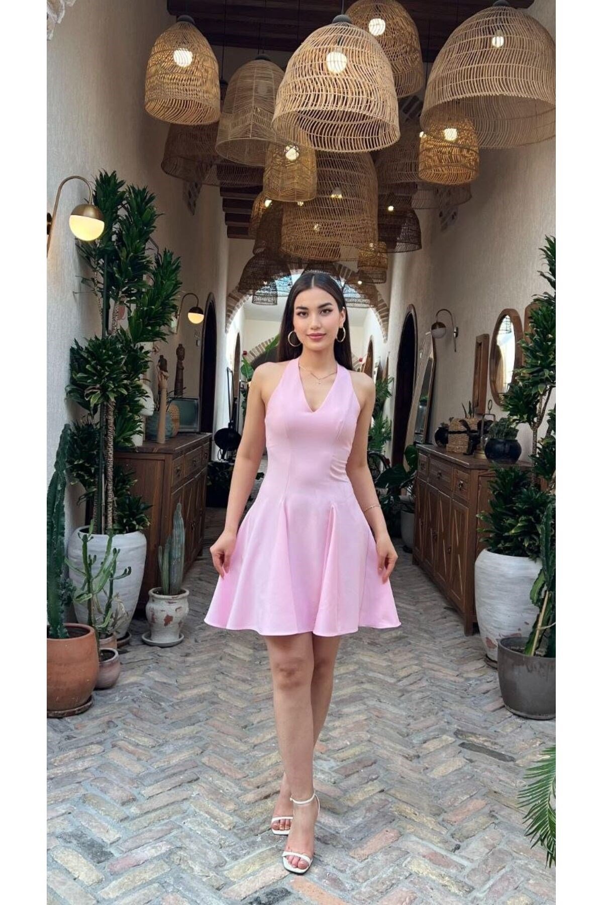 V Yaka Pembe Slim Fit Mini Elbise-DAR KALIP