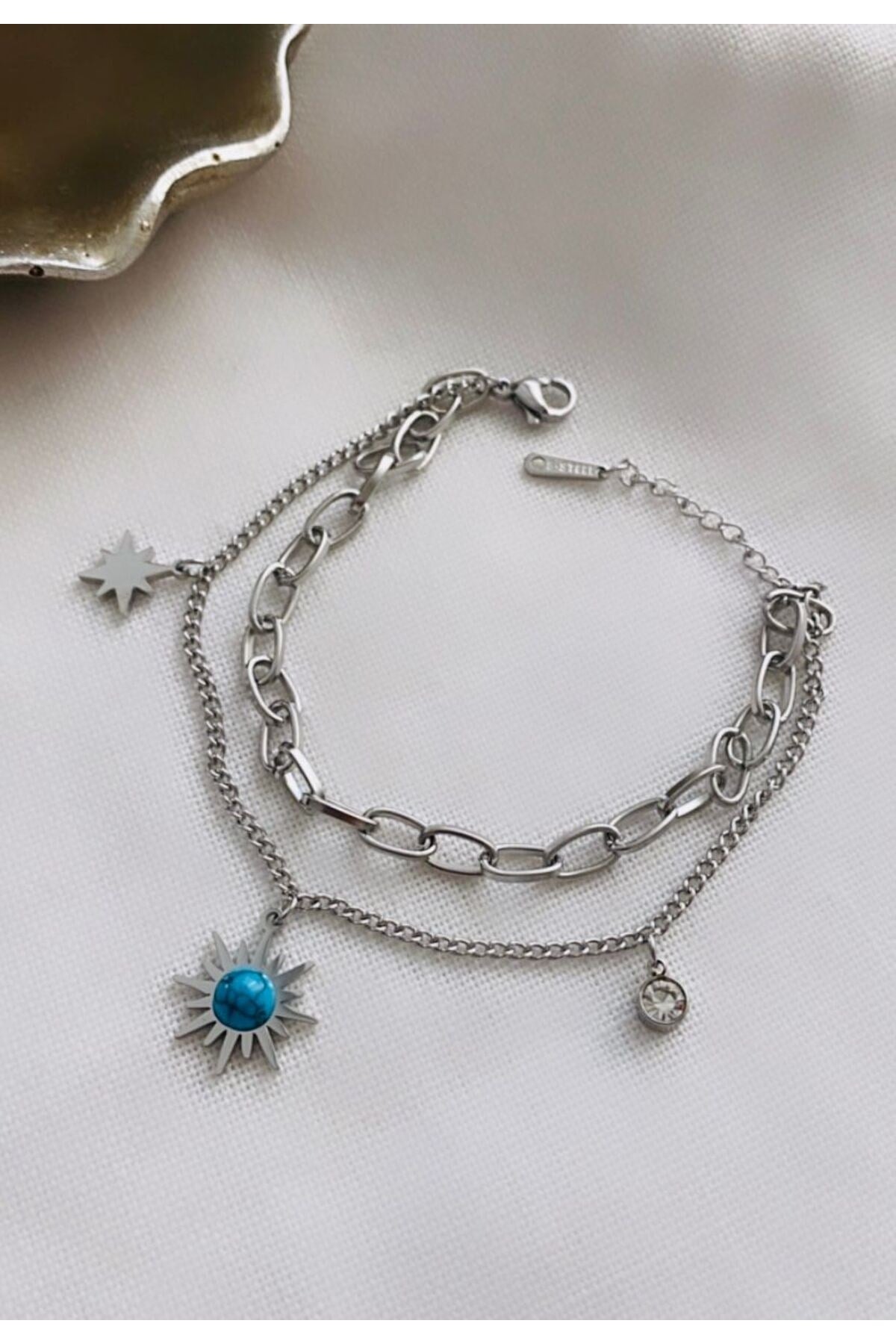 Çelik Çift Zincirli Opal Taşlı Yıldız Detaylı Bileklik