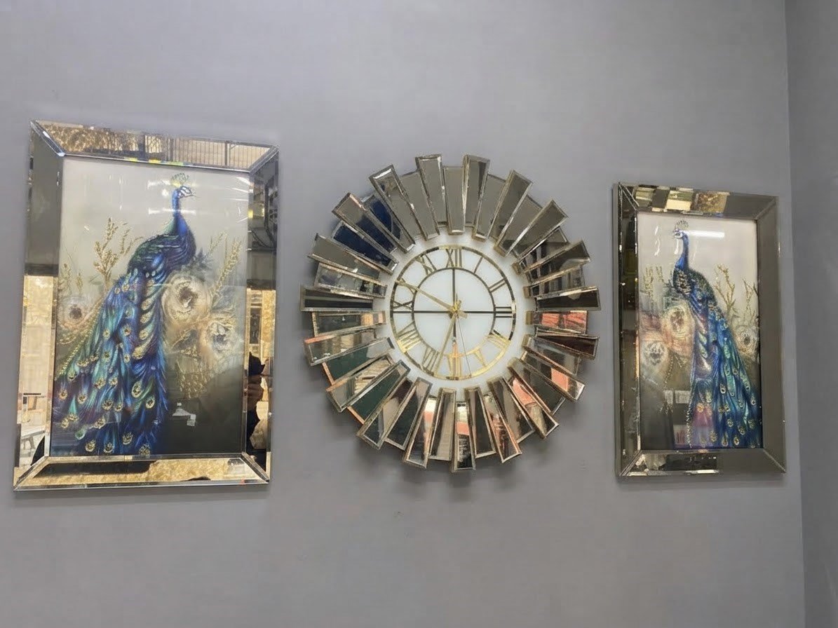 PİYANO MODEL DUVAR SAAT İKİLİ TAVUZ KUŞU  TABLO GOLD