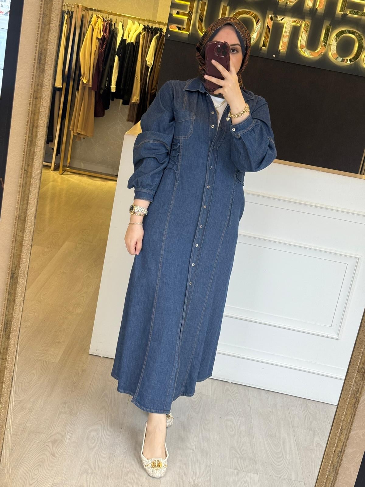 EXQUİSE Arnaude Yandan Bağcık Detaylı Uzun Denim Elbise