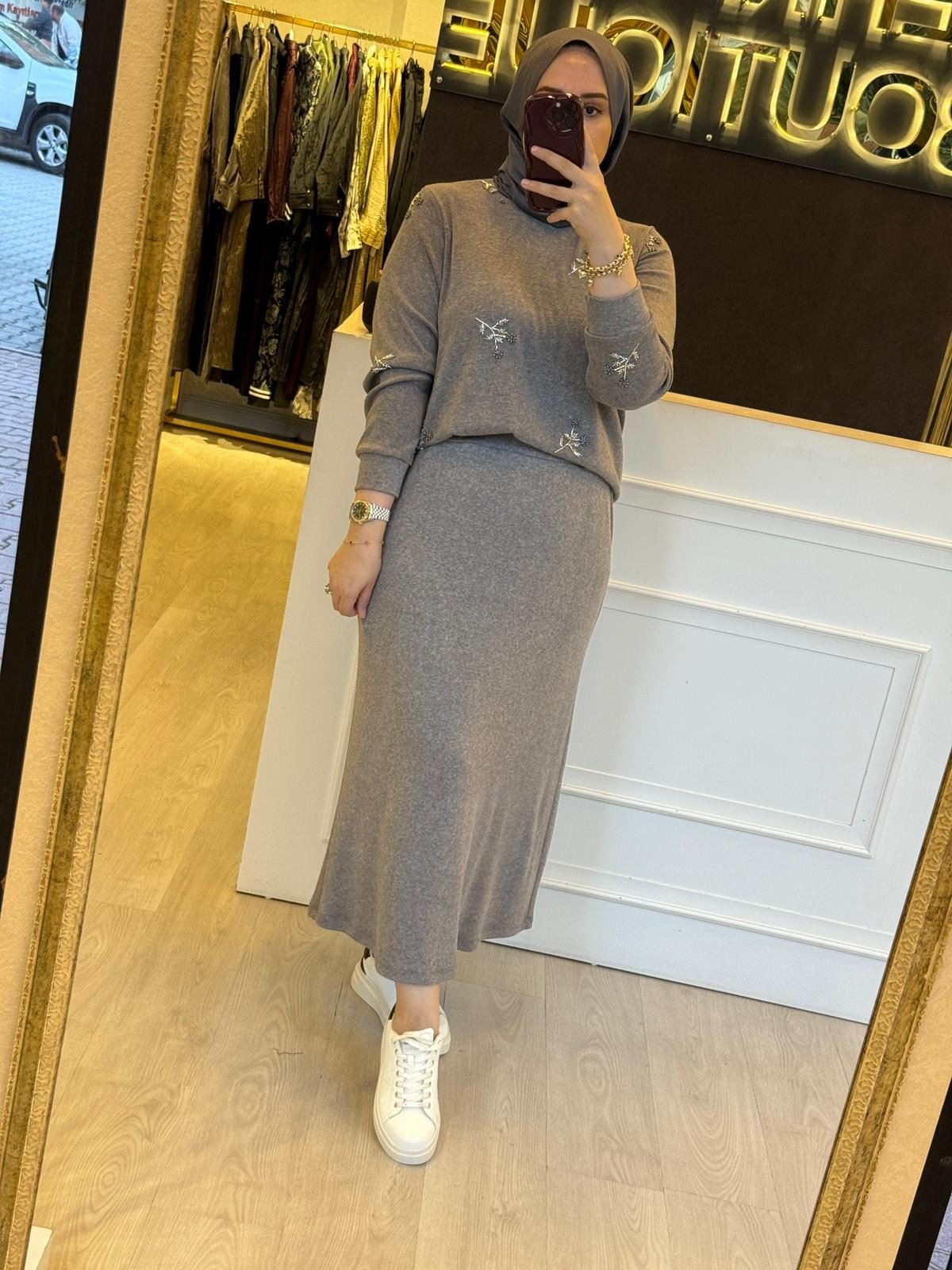 FUAT GÜRSEN İnci ve Boncuk İşlemeli Merserize Tunik - Etek Takım
