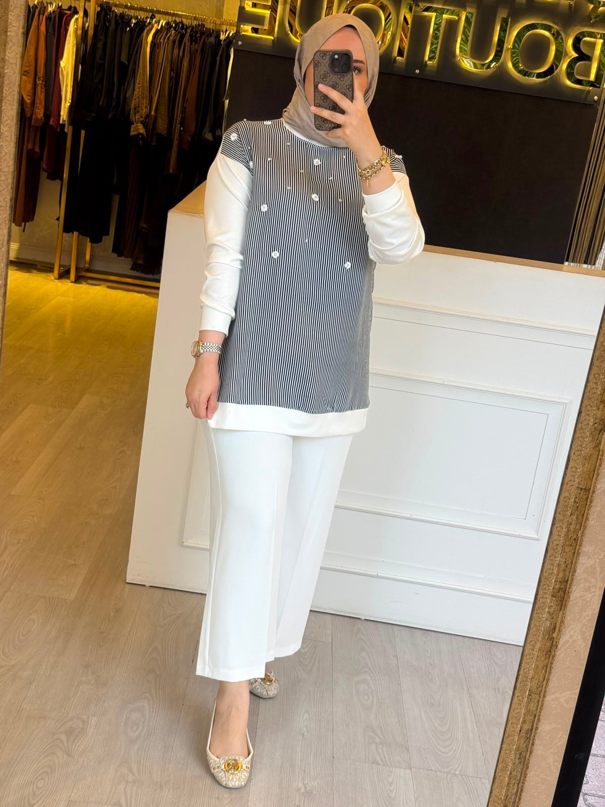 FUAT GÜRSEN Lina Çizgili Çiçek Aplikeli Tunik