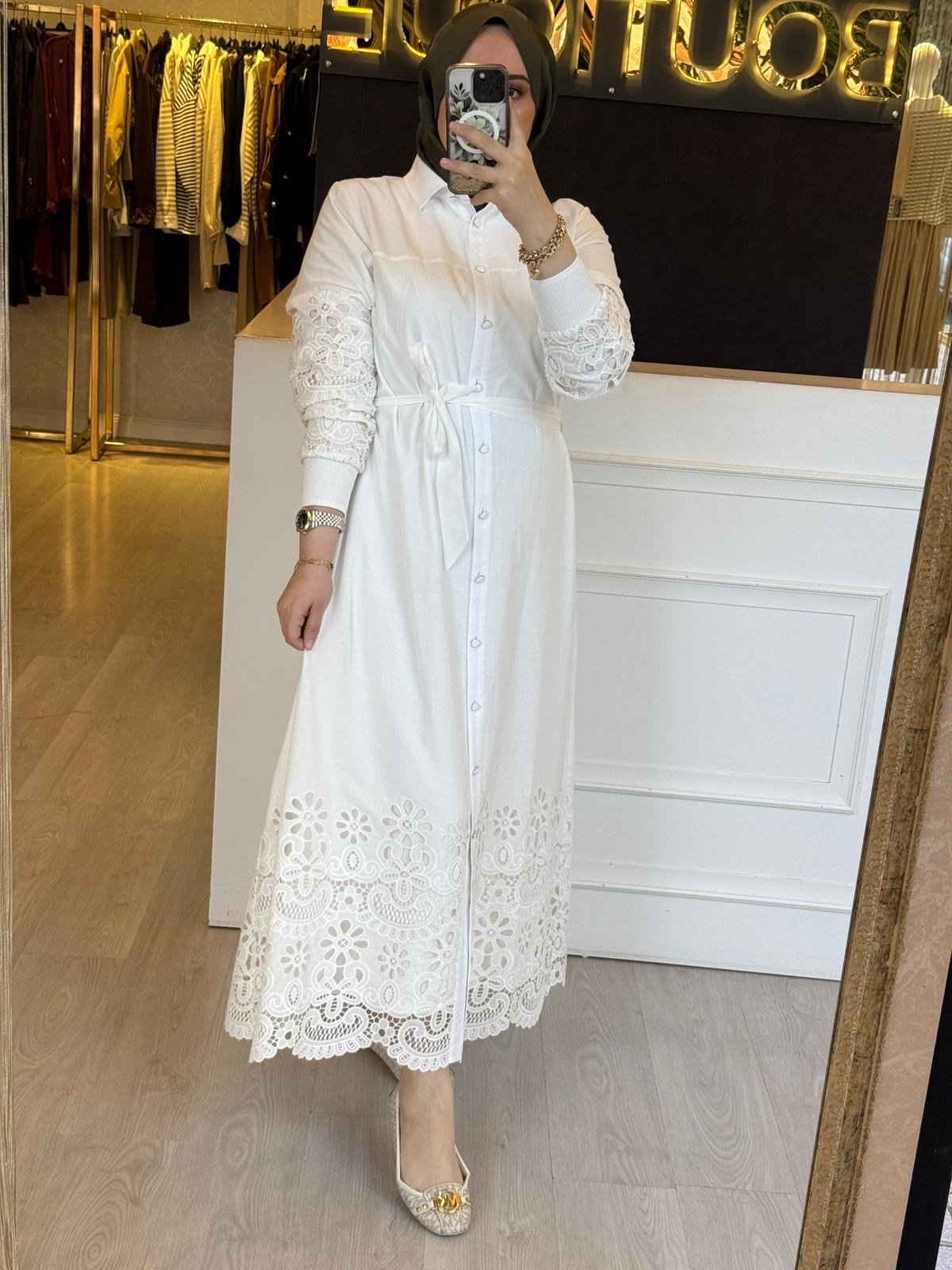 FUAT GÜRSEN Nakış İşlemeli Belden Bağlamalı Uzun Elbise