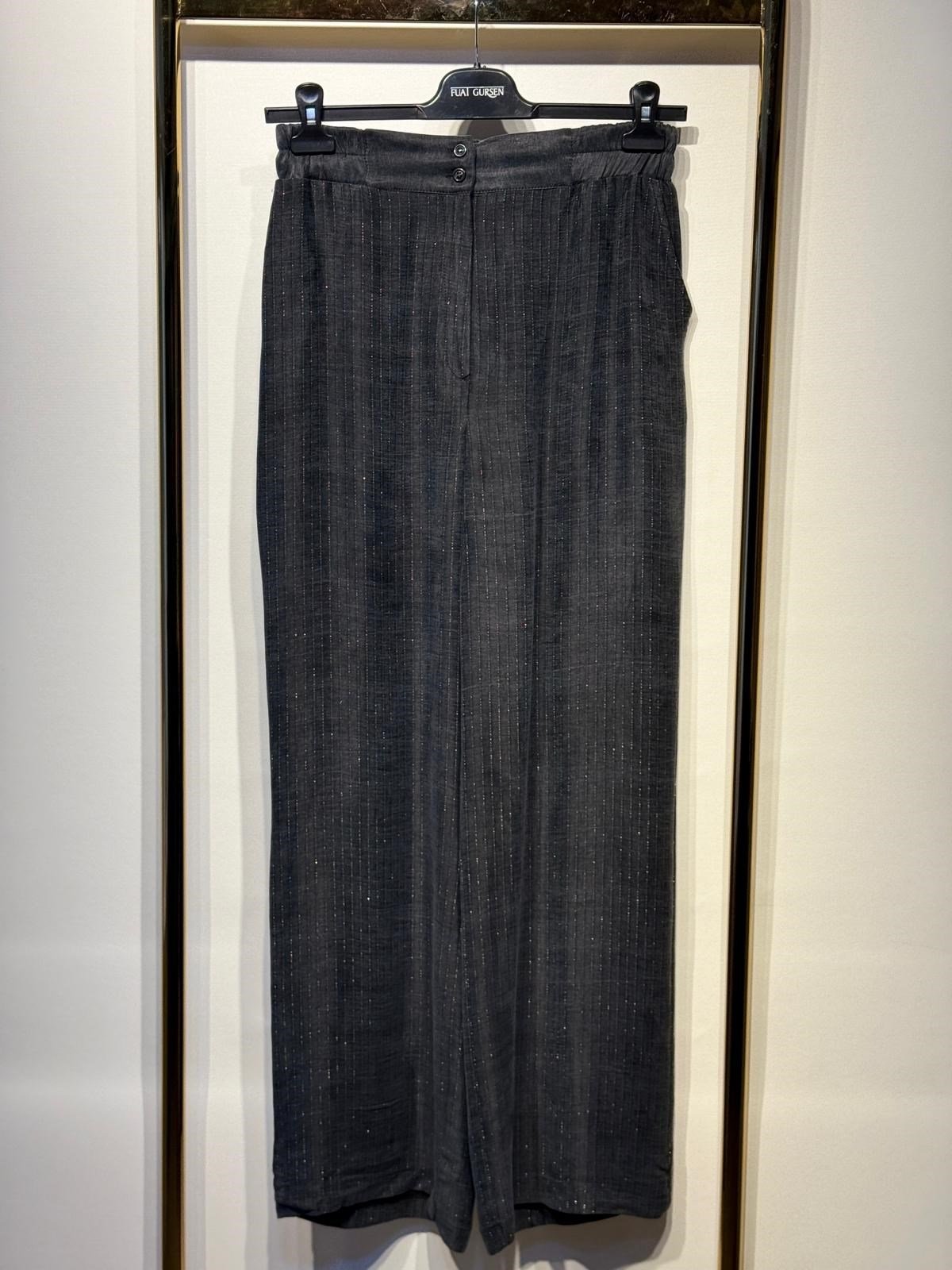 FUAT GÜRSEN Parlak Çizgi Beli Lastikli İpek Cupra Rahat Pantolon