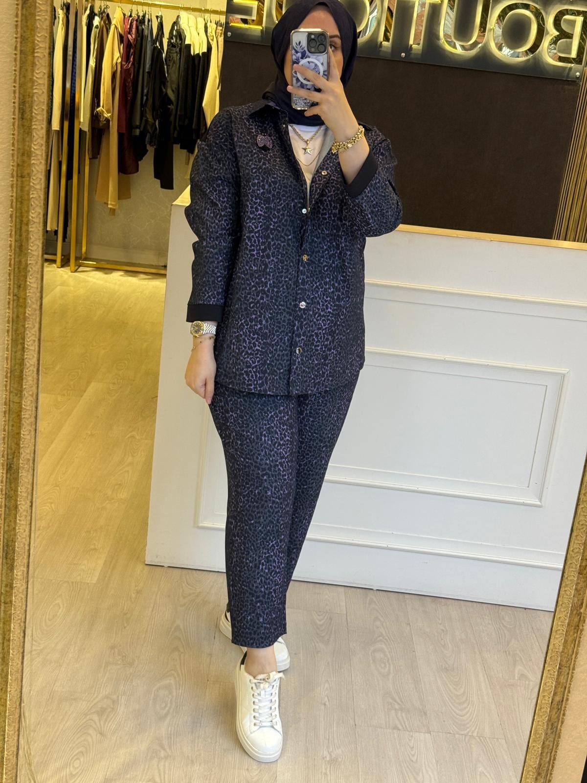 GHİSA Desenli Özel Kumaş Önden Çıtçıt Bağlamalı Tunik Pantolon Takım