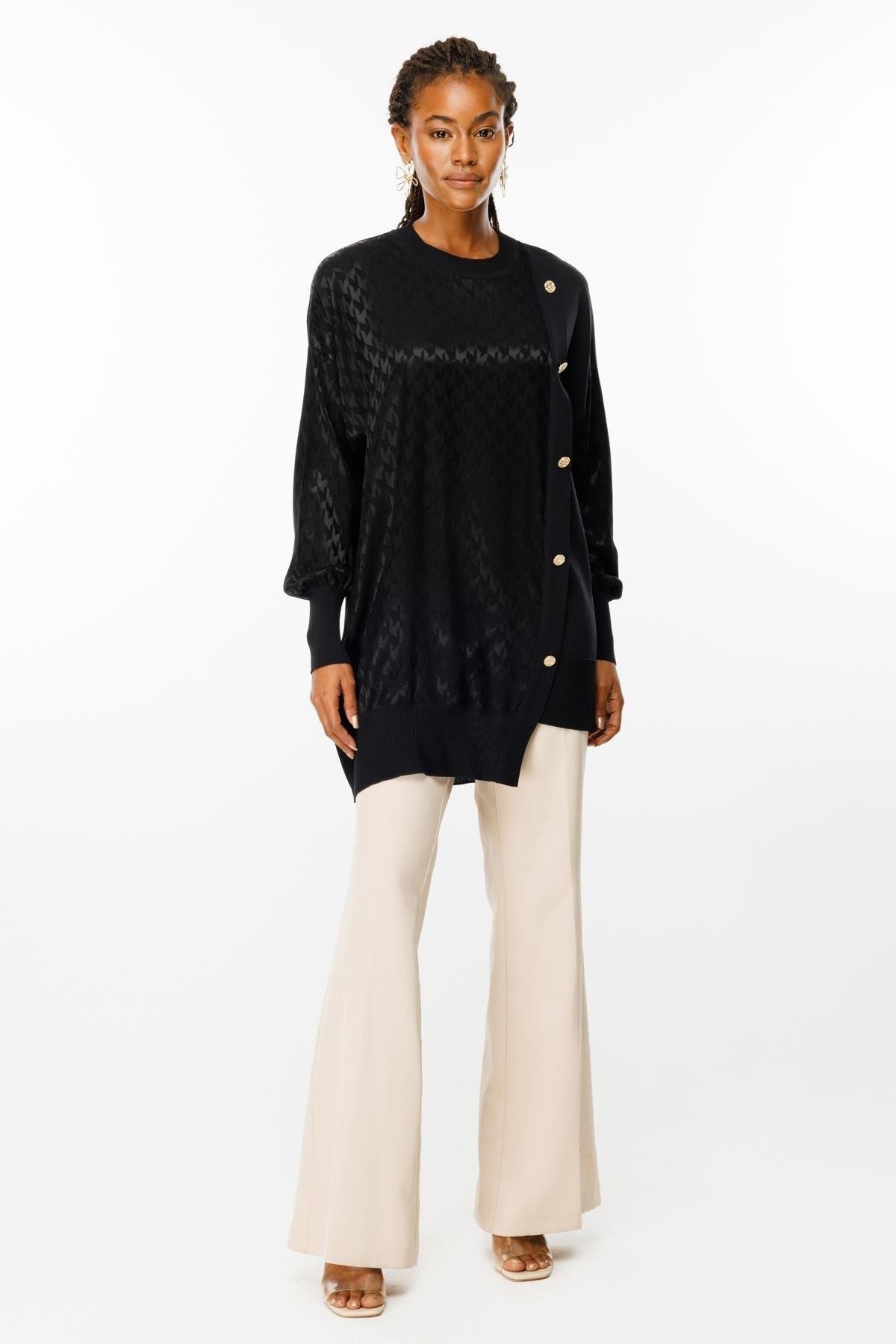 GHİSA Gold Düğme Detaylı Kazayağı İşleme Mix Tunik