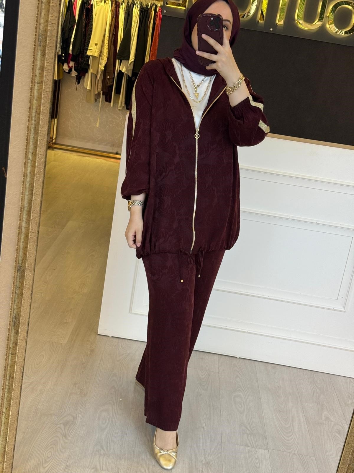 GHİSA Gold Fermuar Şerit Detaylı Desen Kumaş Sweat Pantolon Takım