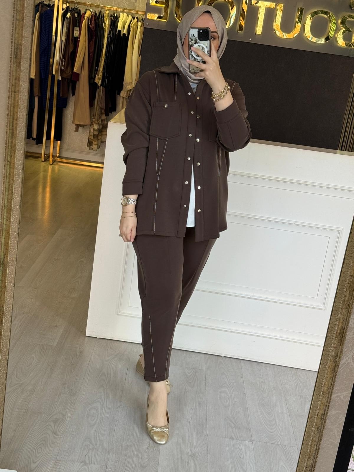GHİSA Önden Çıtçıtlı Su Yolu Bilye İşlemeli Tunik Pantolon Takım