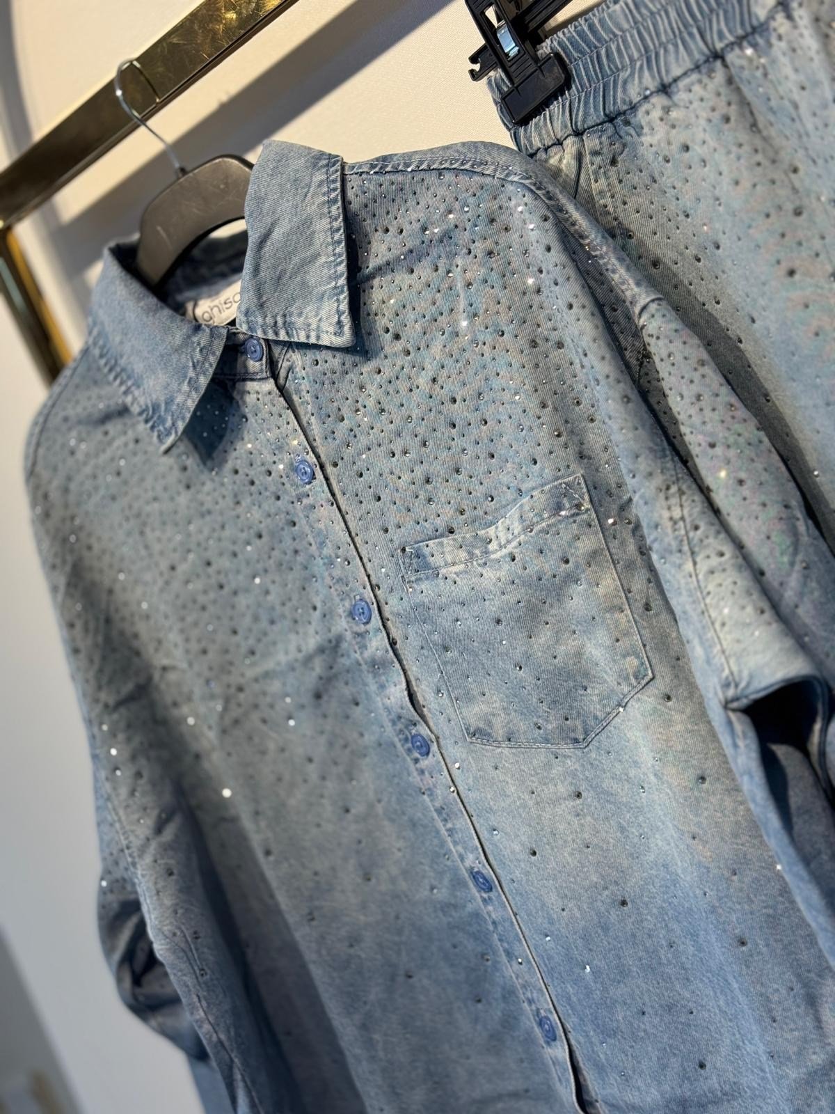 GHİSA Parıltı İşlemeli Denim Gömlek Pantolon Takım