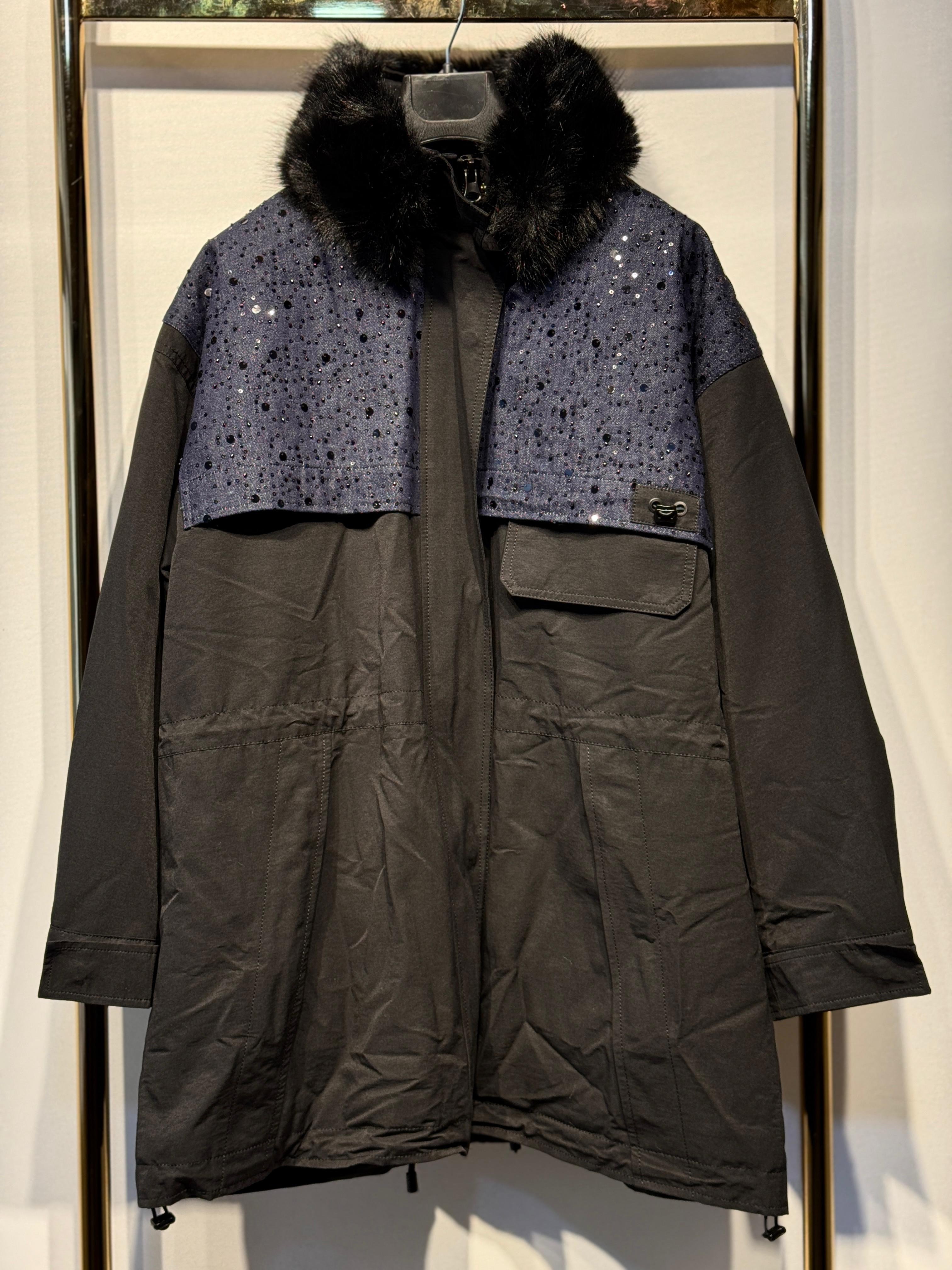 GHİSA Payet İşlemeli Denim Mix Kumaş Kürk Detaylı Kaban