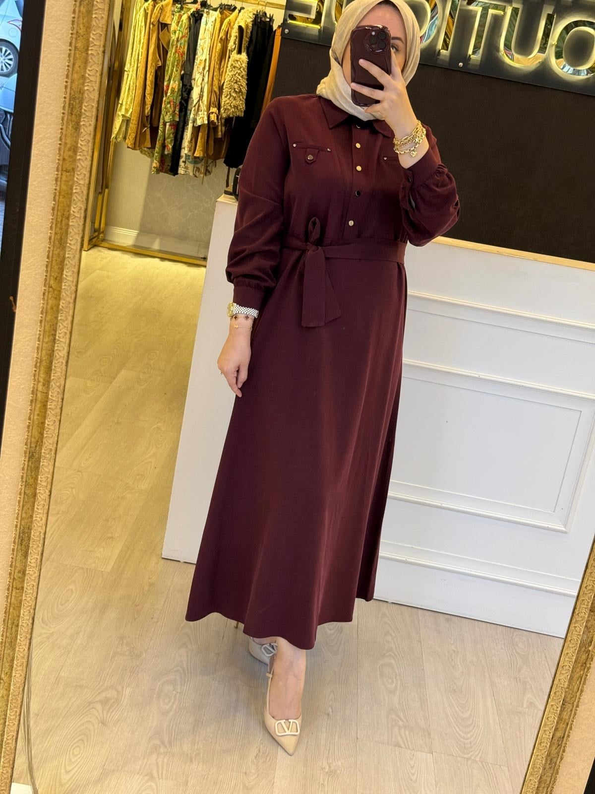 NUSS Belden Kemer Bağlama Detaylı Uzun Elbise