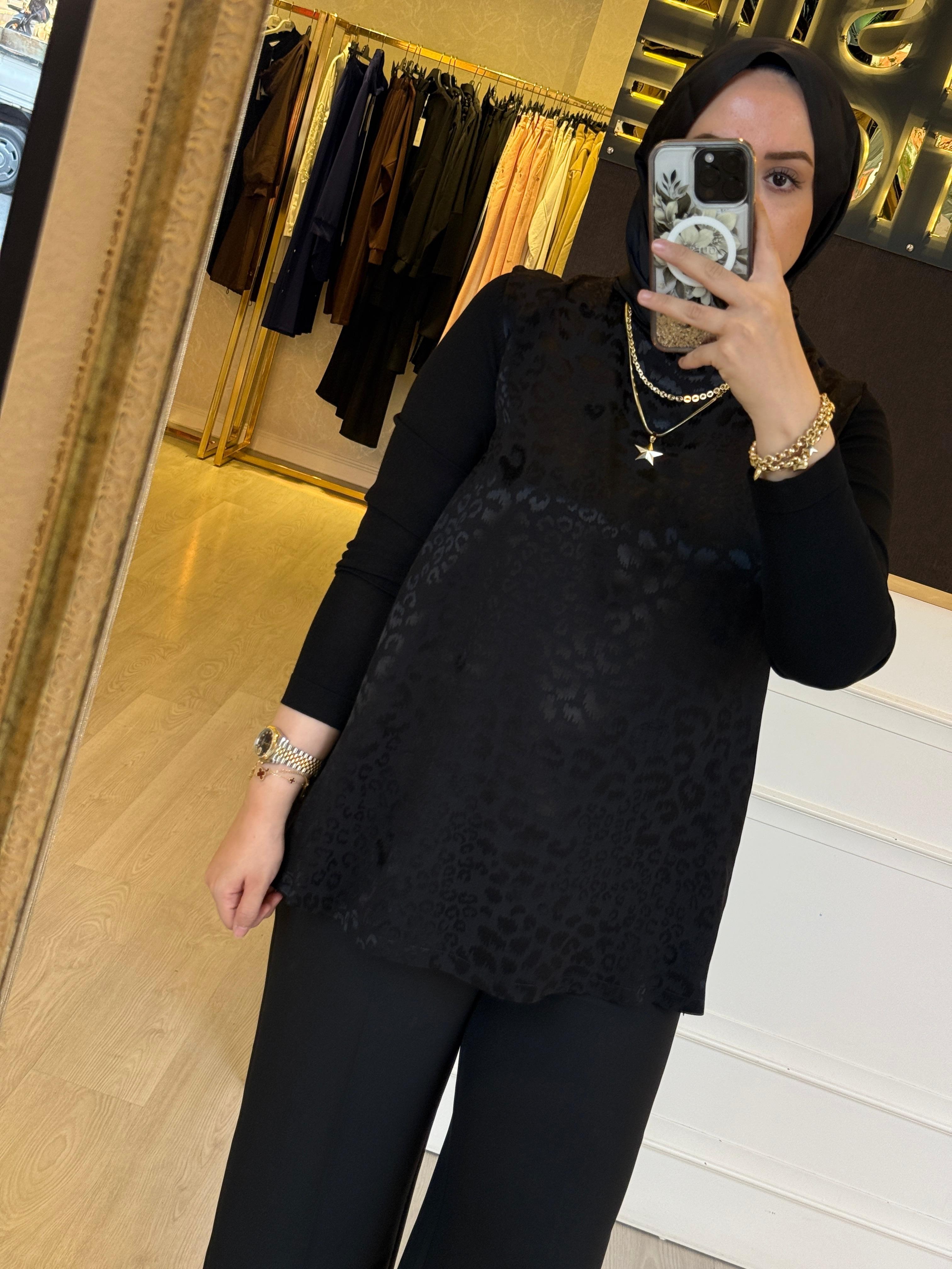 NUSS Fermuar Detaylı Leopar Desenli Şifon Mix Merserize Tunik