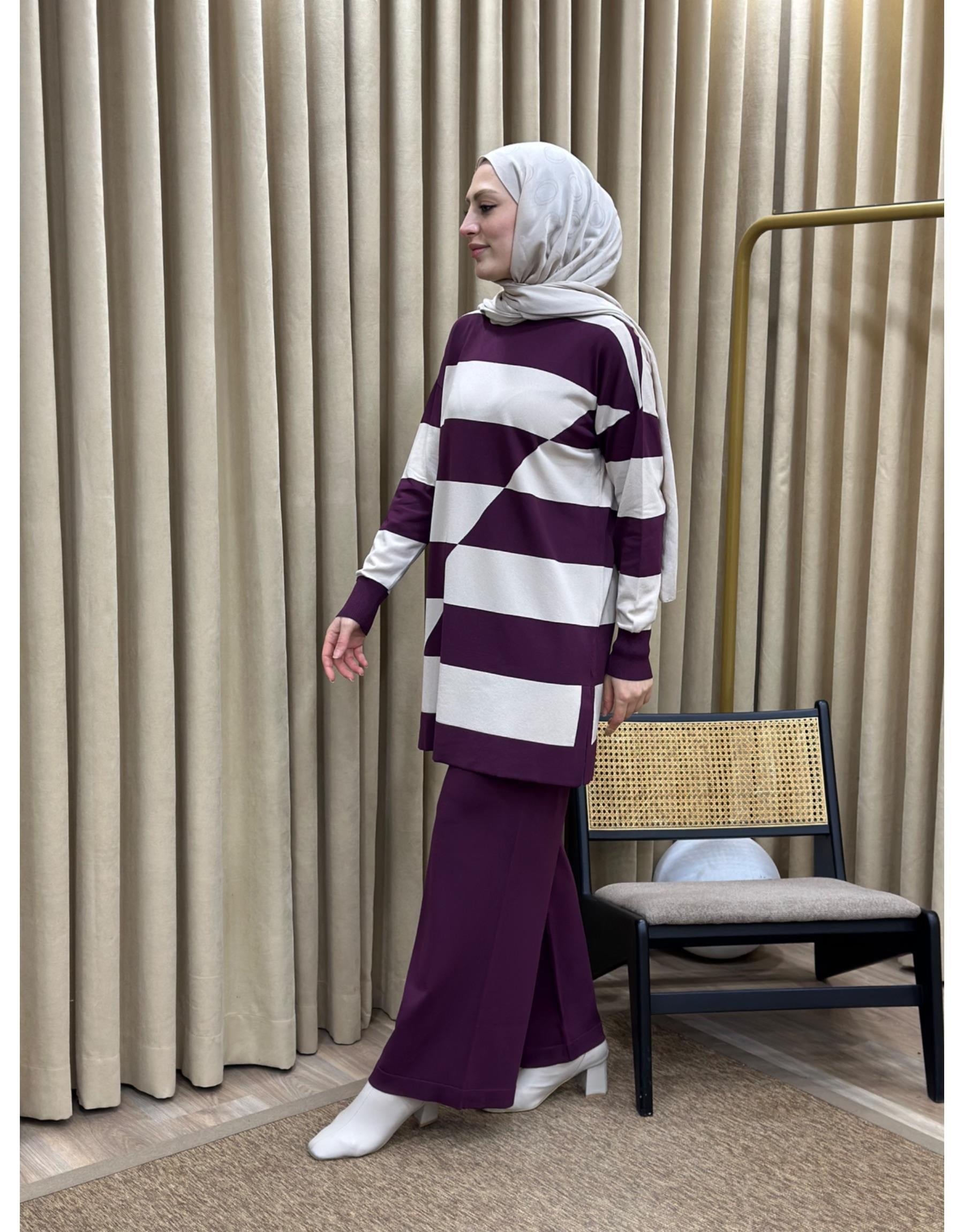NUSS Merserize Enine Çizgili Sweat Pantolon Takım