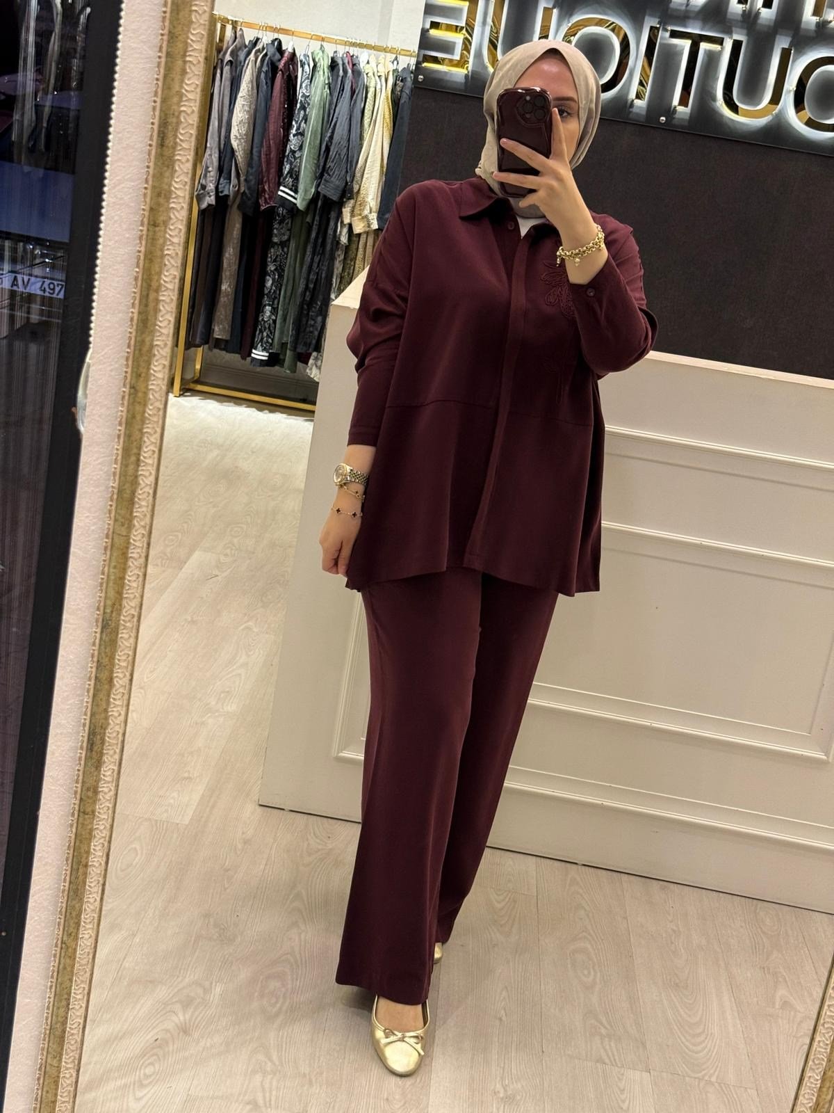 NUSS Nakış İşlemeli Gizli Düğme Rahat Gömlek Pantolon Takım