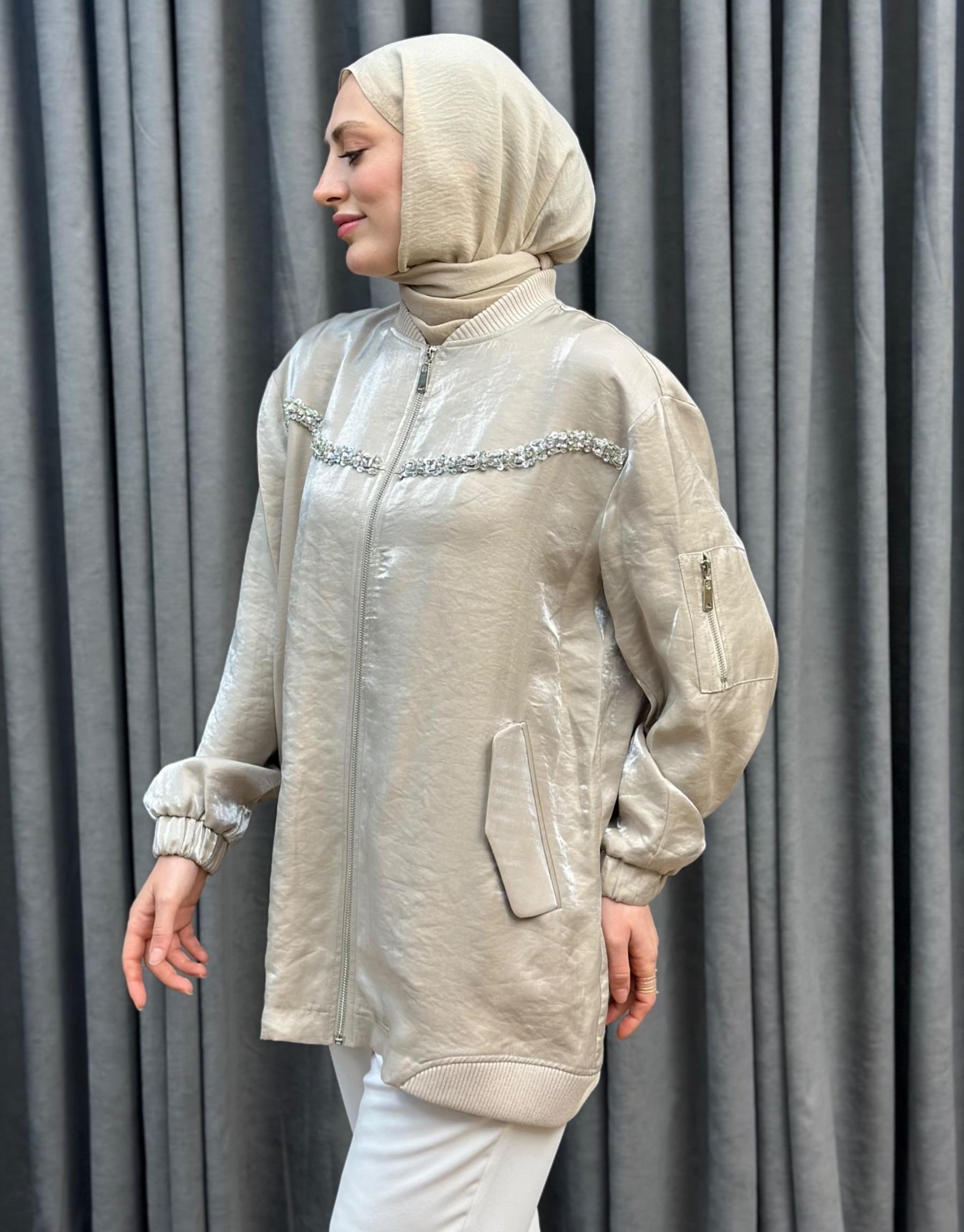 NUSS Taş İşlemeli Fermuarlı Bumber Ceket