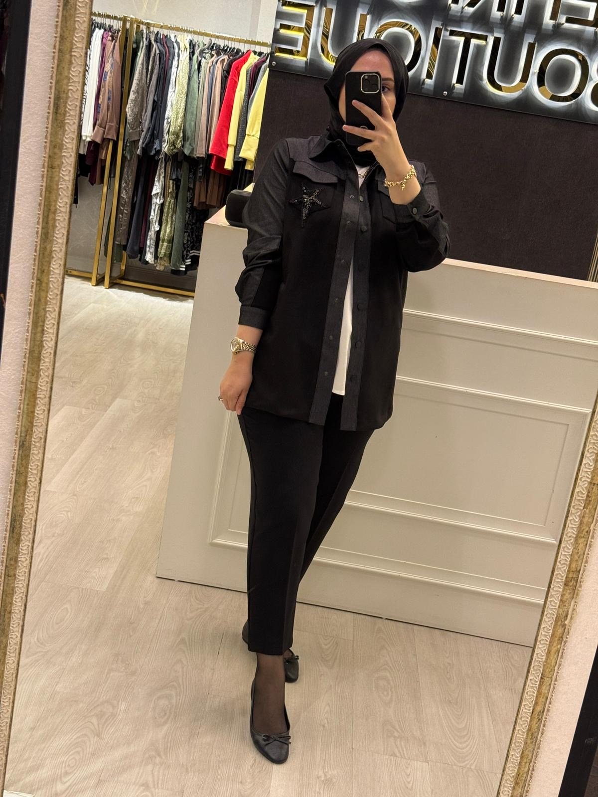 NUSS Yıldız Taş İşlemeli Çıtçıtlı Gömlek Tip Denim Kap