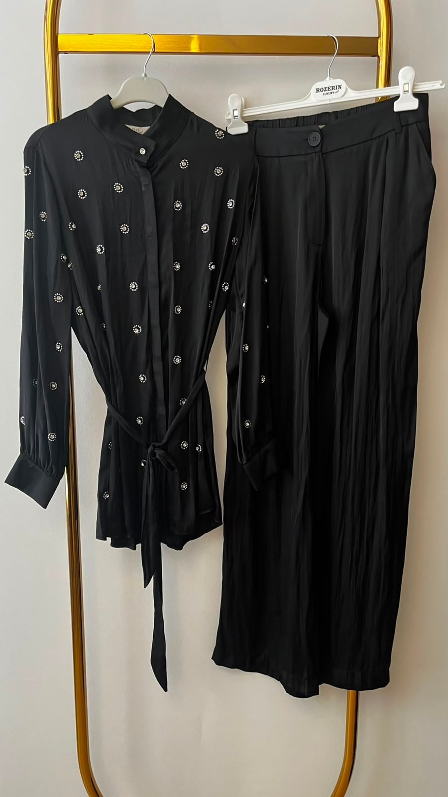 PEARLY Taş Detaylı Saten Gömlek Takım