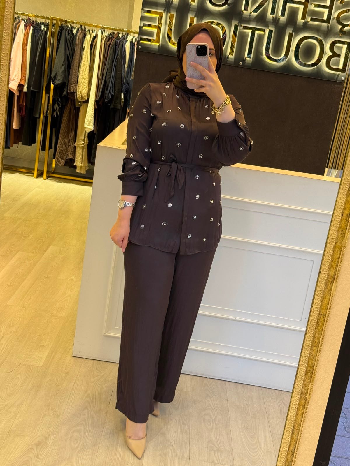 PEARLY Taş Detaylı Saten Gömlek Takım