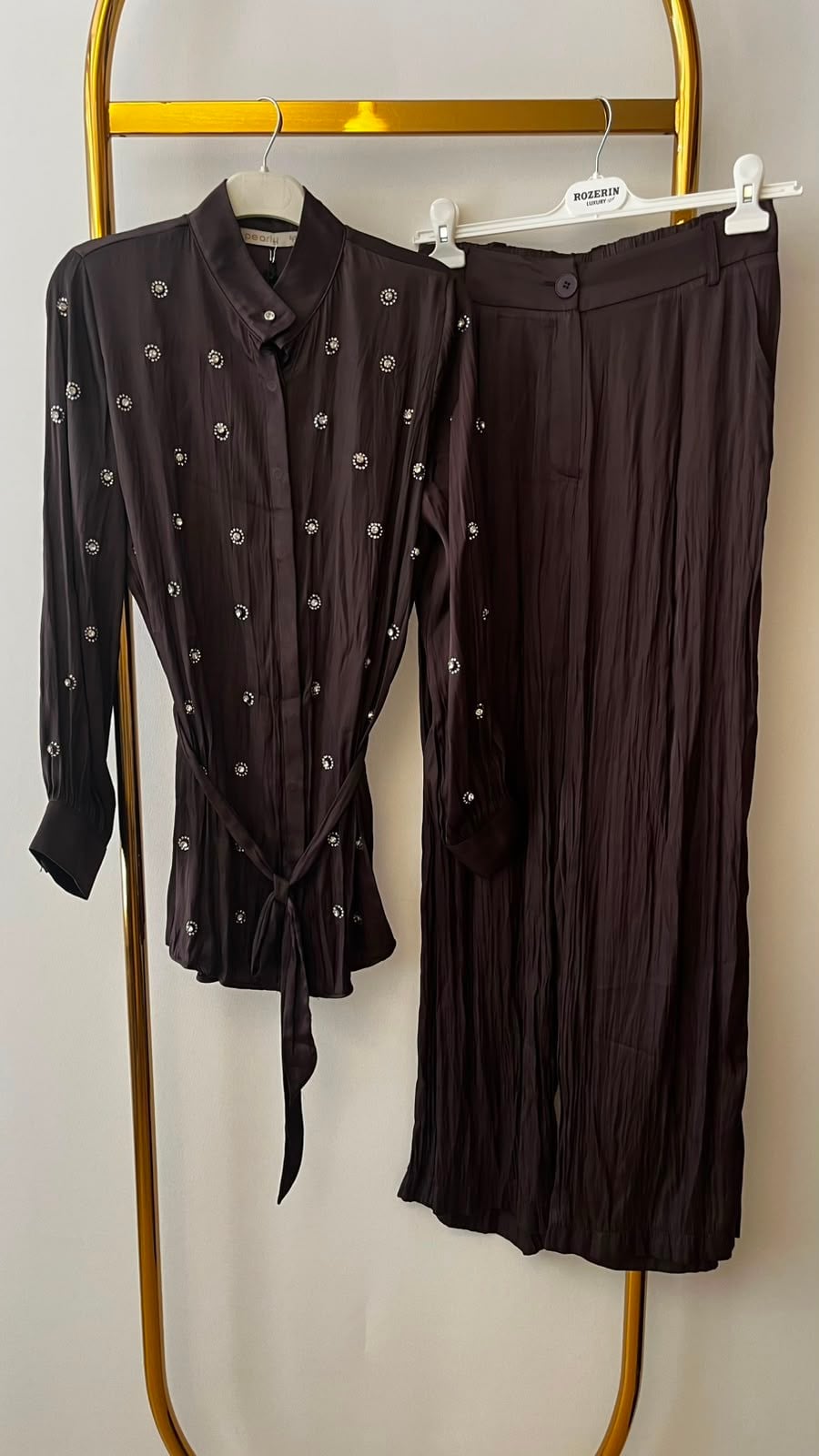 PEARLY Taş Detaylı Saten Gömlek Takım