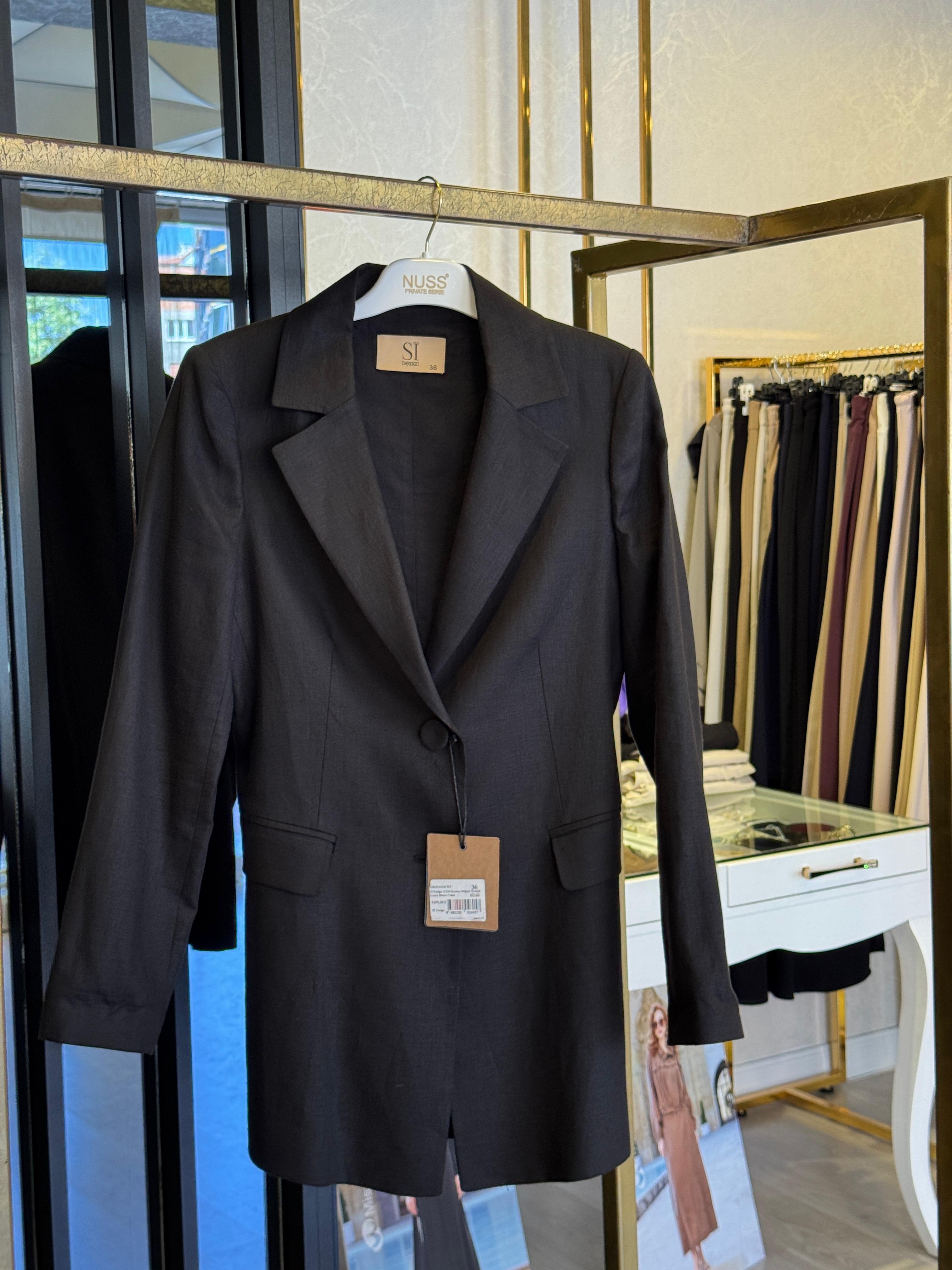 Sİ Design 11104 Kumaş Düğme Detaylı Keten Blazer Ceket