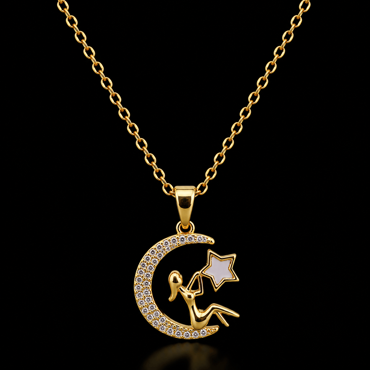 Ay Üzerinde Yıldız Tutan Kız Figürlü Gold Kolye – Taşlı Hilal Tasarım
