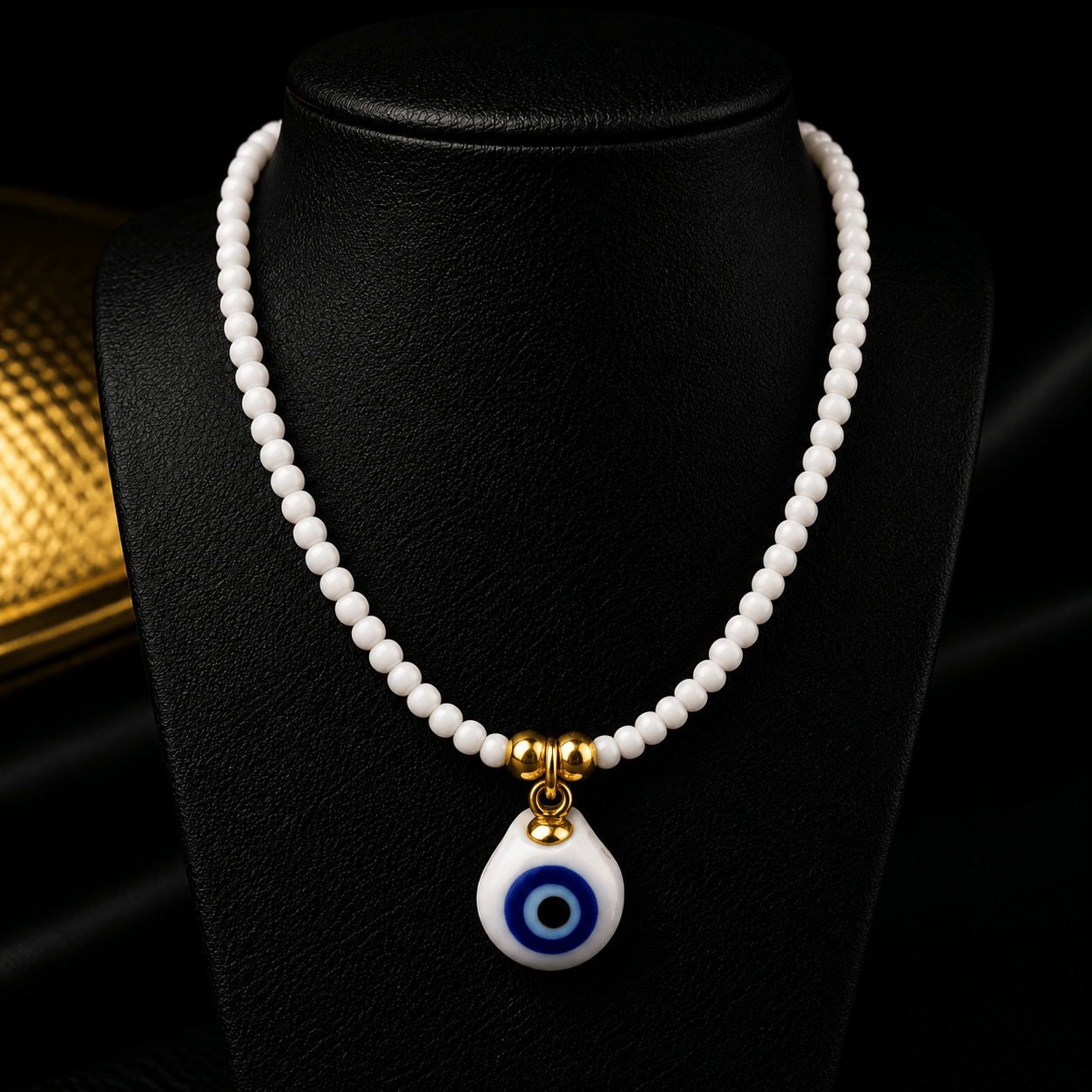 Beyaz Boncuklu Damla Nazar Göz Kolye – Gold Detaylı