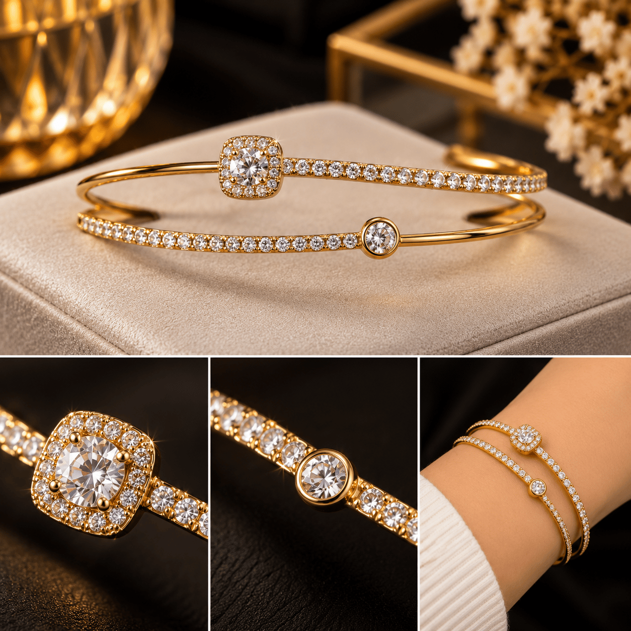 Gold Renk Taşlı Çift Sıra Kelepçe Bileklik – Zarif ve Işıltılı Tasarım