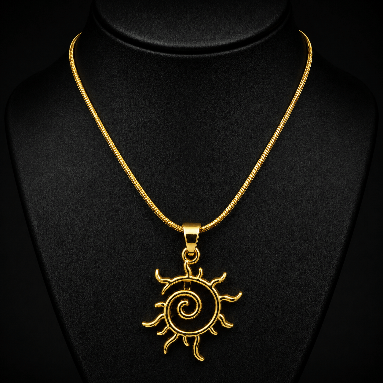 Kadın Spiral Güneş Figürlü Kolye – Altın Renk Otantik Tasarım