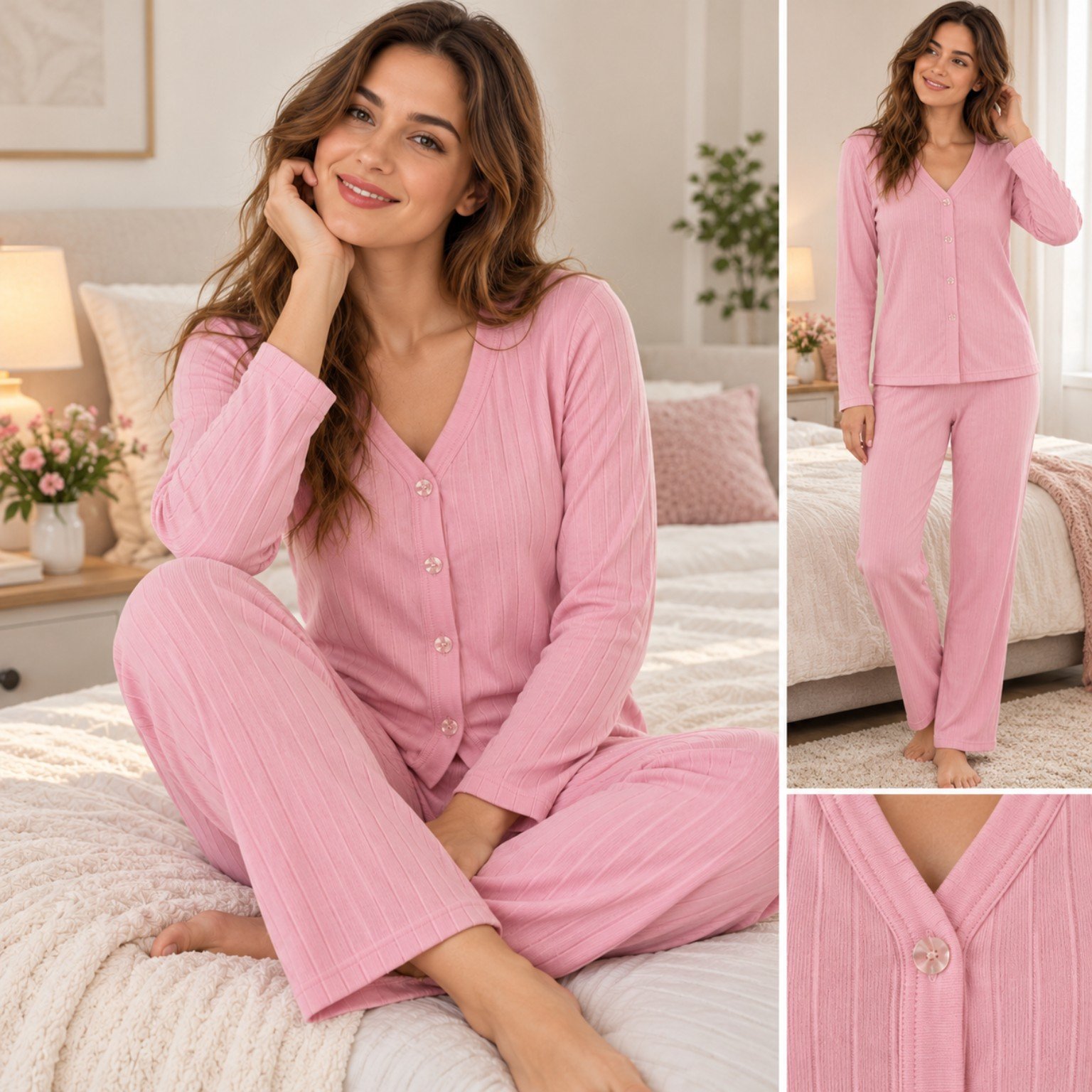 Pijamacızade Kadın Önden Düğmeli Uzun Kollu Pijama Takımı – Pembe