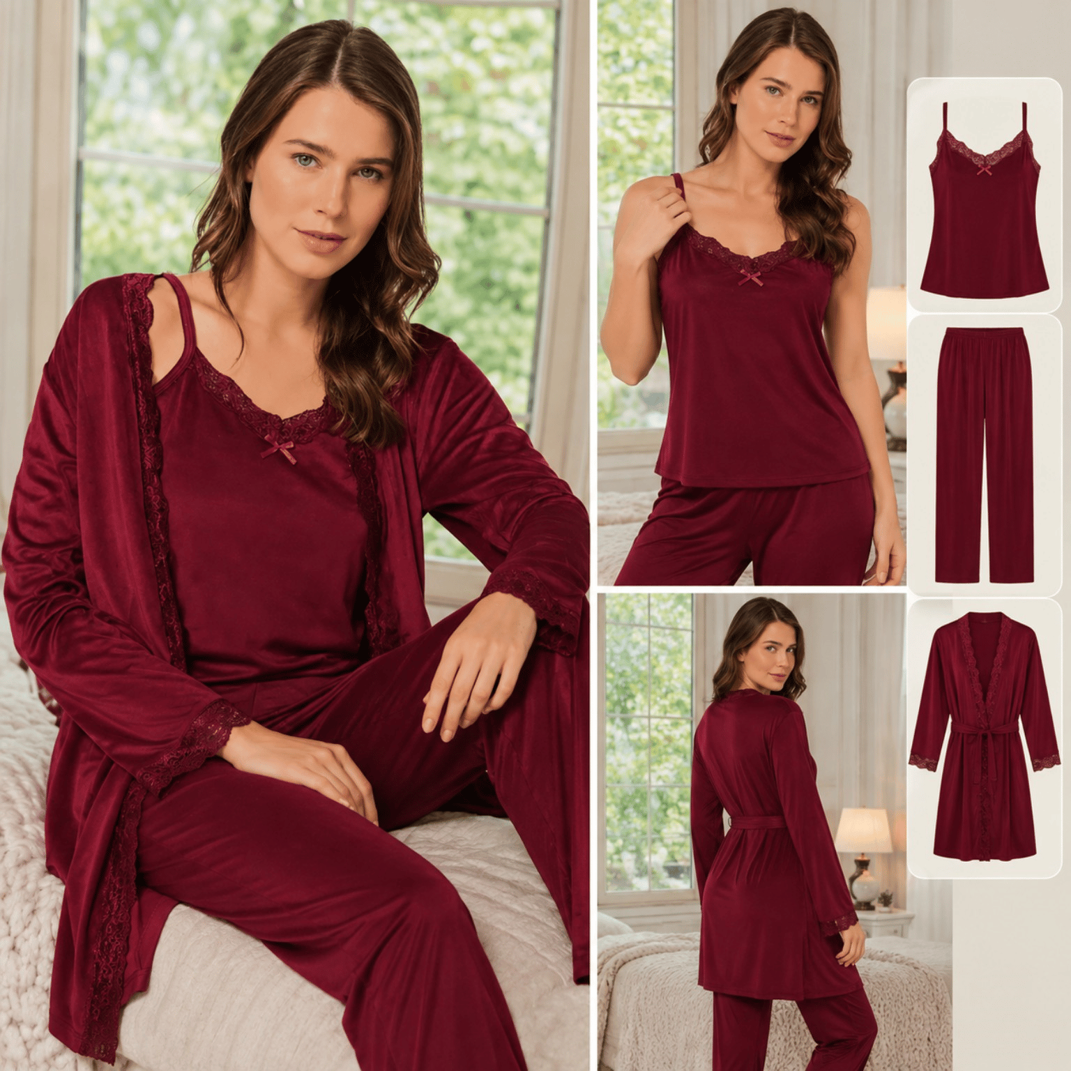 Pijamoni 5545-3 Kadın Fransız Kadife Dantel Detaylı 3'lü Pijama Takımı – Bordo