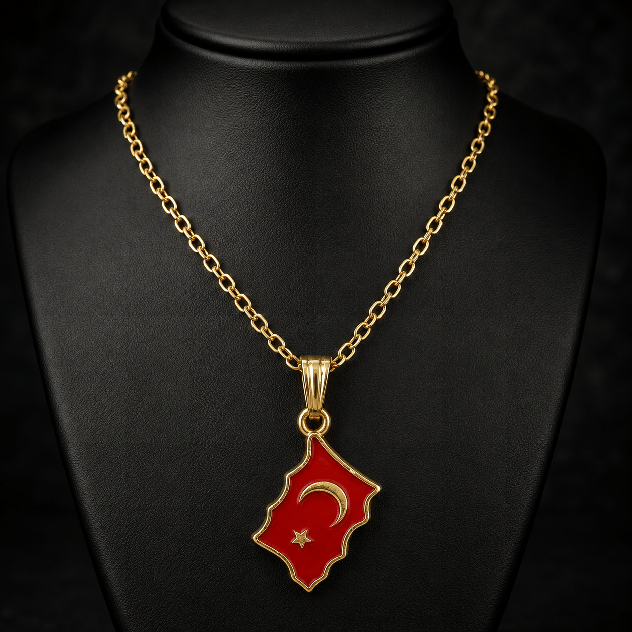 Unisex Kırmızı Ay Yıldız Kolye – Altın Renk Zincirli Özel Tasarım