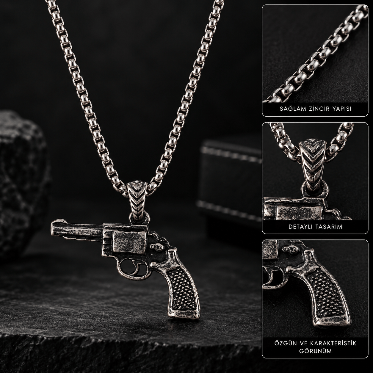 Vintage Revolver Figürlü Erkek Kolye – Gümüş Renk Zincirli Retro Tasarım