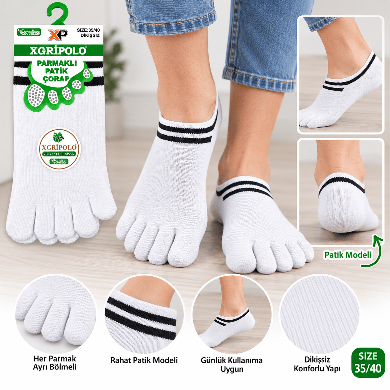 XGripolo Parmaklı Patik Çorap – Beyaz – 35/40