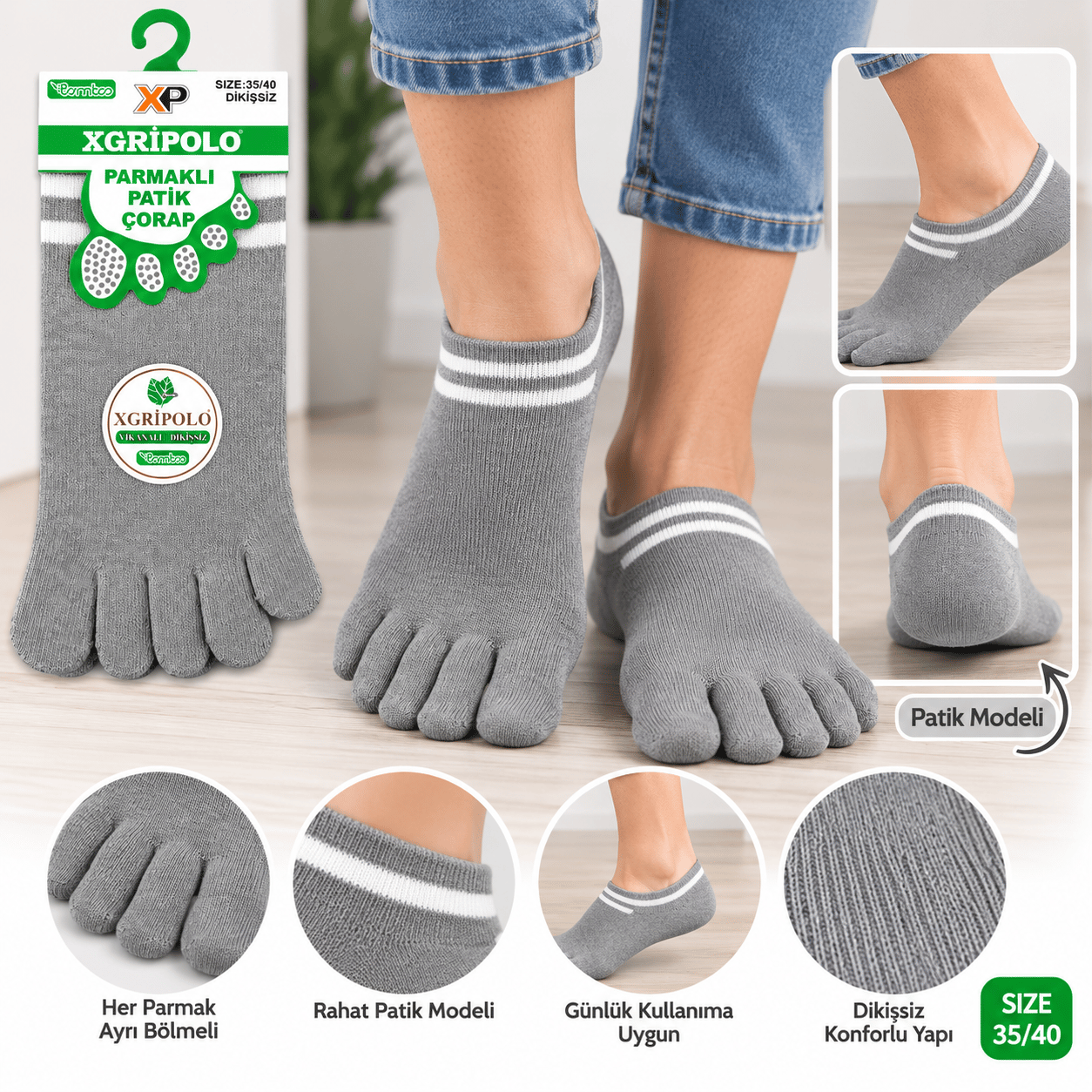 XGripolo Parmaklı Patik Çorap – Gri – 35/40