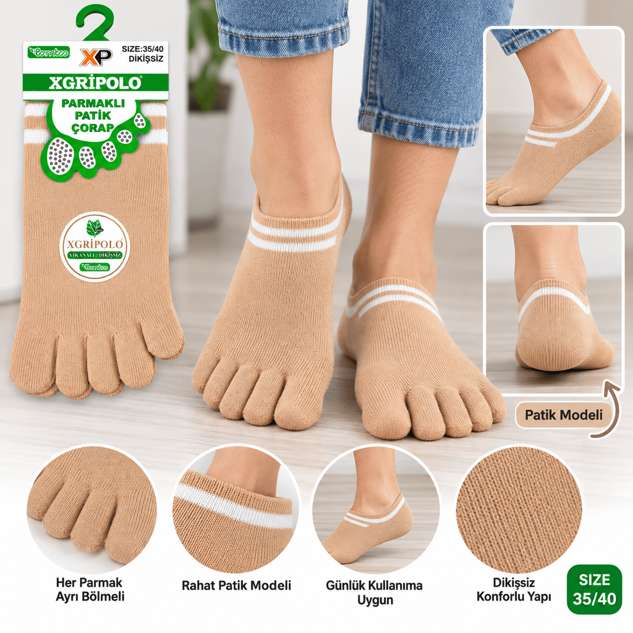 XGripolo Parmaklı Patik Çorap – Ten – 35/40