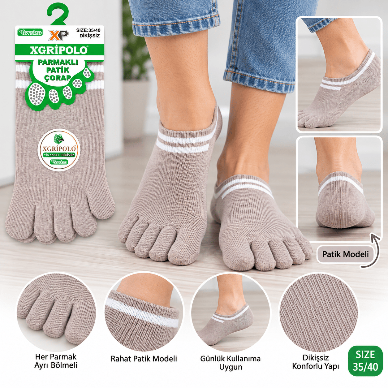 XGripolo Parmaklı Patik Çorap – Vizon – 35/40