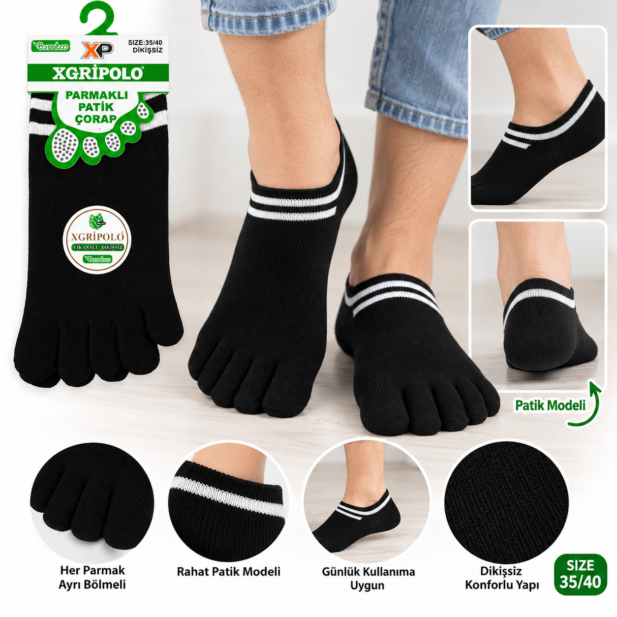 XP XGripolo Parmaklı Patik Çorap – Siyah – 35/40