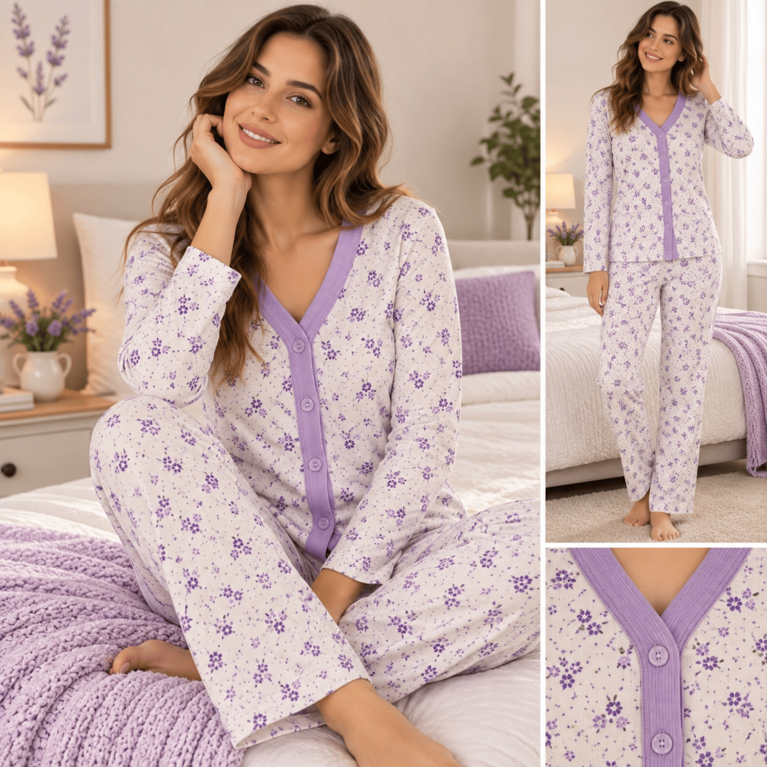 Yenteks Kadın Çiçek Desenli Önden Düğmeli Uzun Kollu Pijama Takımı – Ekru/Lila