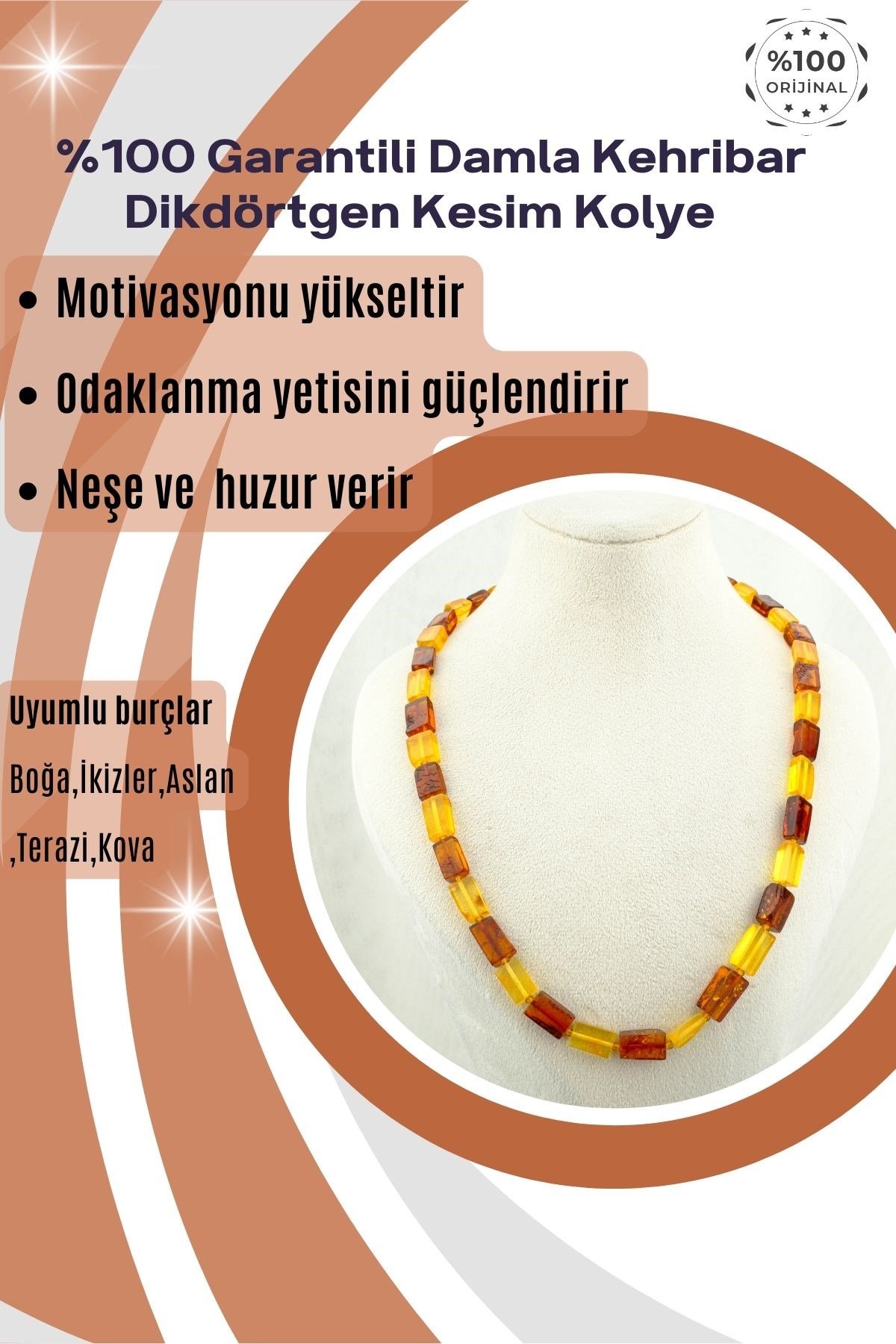Damla Kehribar Kolye %100 Garantili Dikdörtgen Kesim -59 cm
