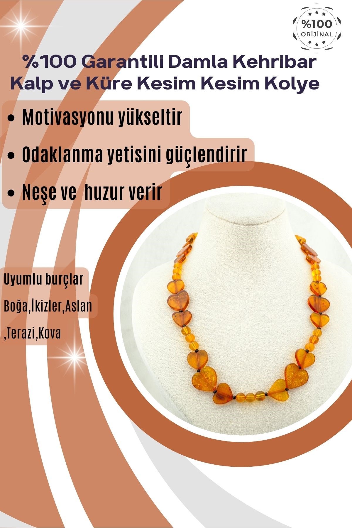 Damla Kehribar Kolye %100 Garantili Kalp Ve Küre Kesim -45 cm