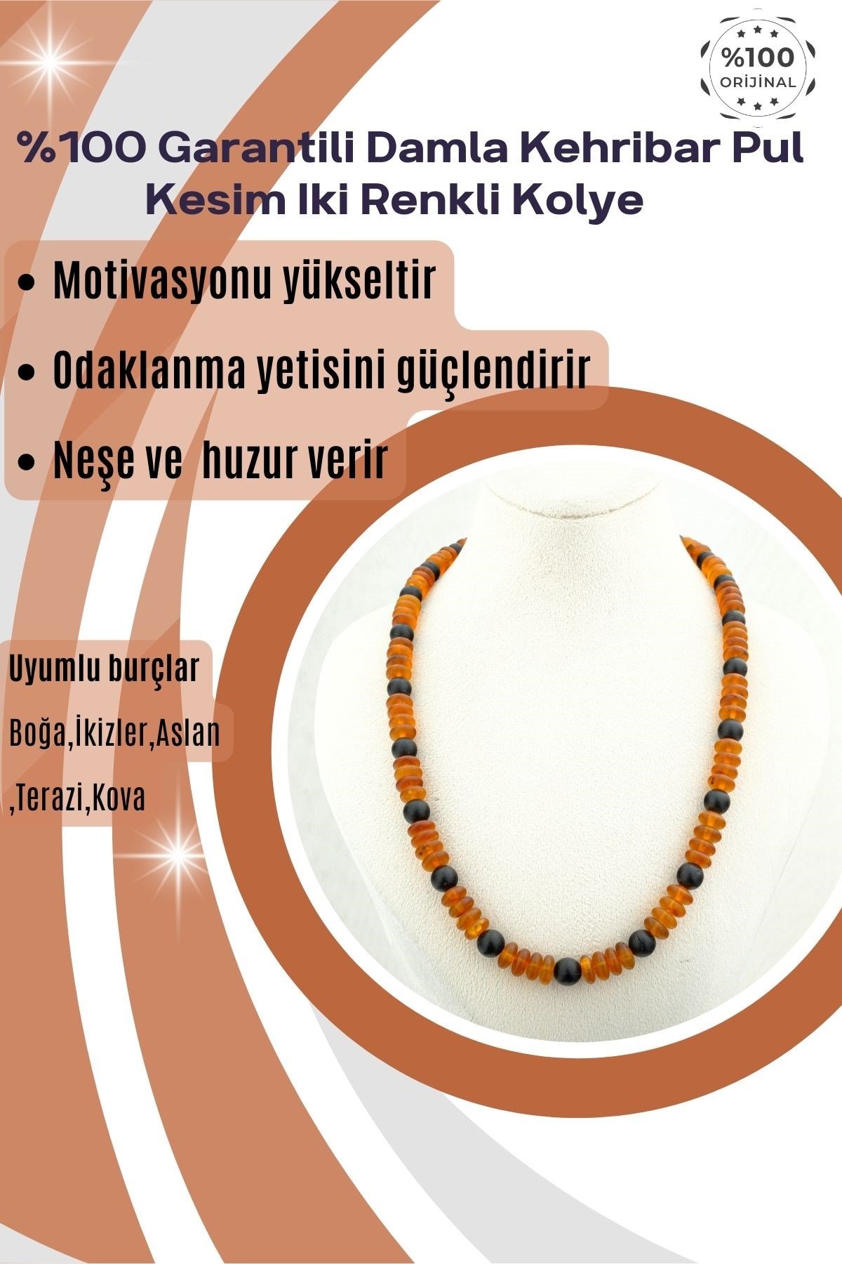 Damla Kehribar Kolye %100 Garantili Pul Kesim iki Renkli Boğa,İkizler,Aslan,Terazi,Kova -45cm
