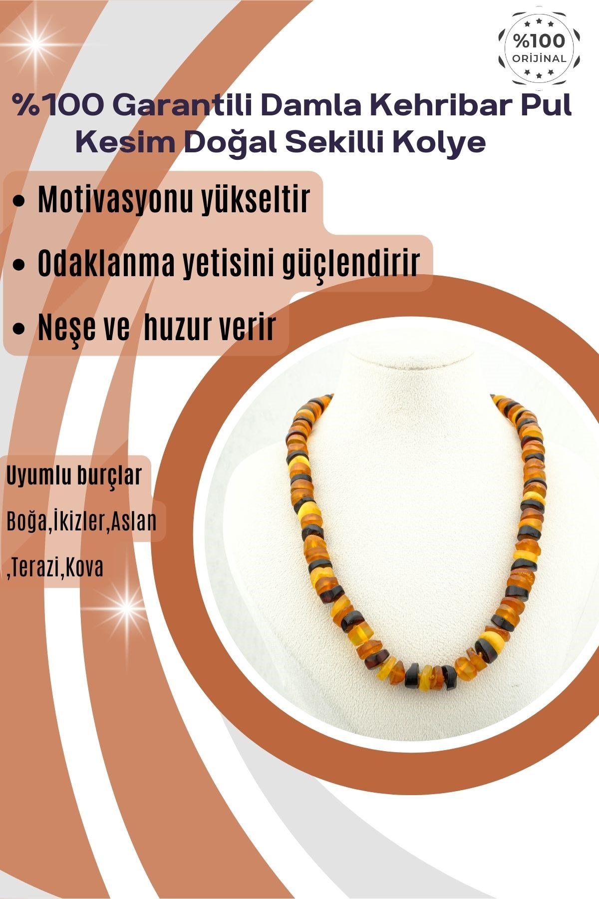 Damla Kehribar Kolye %100 Garantili Pul Kesim Doğal Sekilli Boğa,İkizler,Aslan,Terazi,Kova 45cm